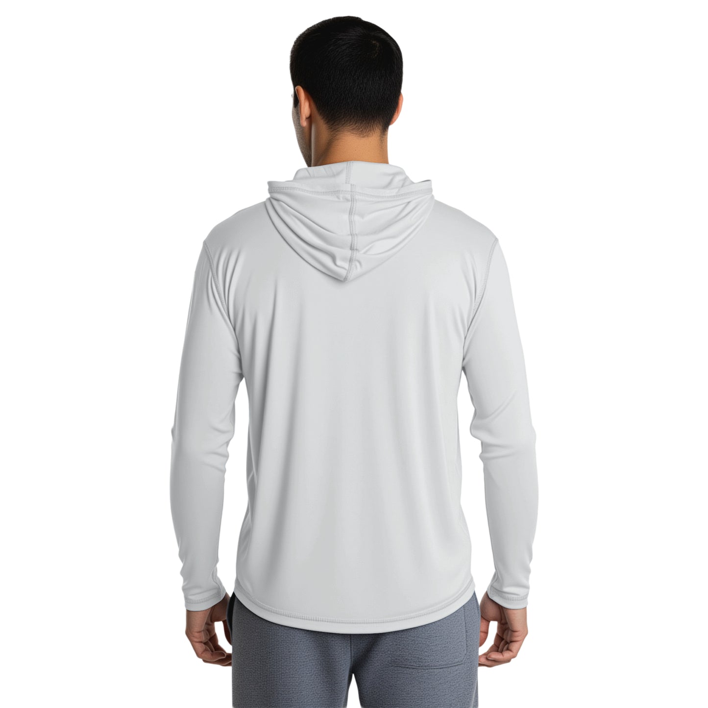 Man wearing a Pebble Gray long sleeve hooded shirt