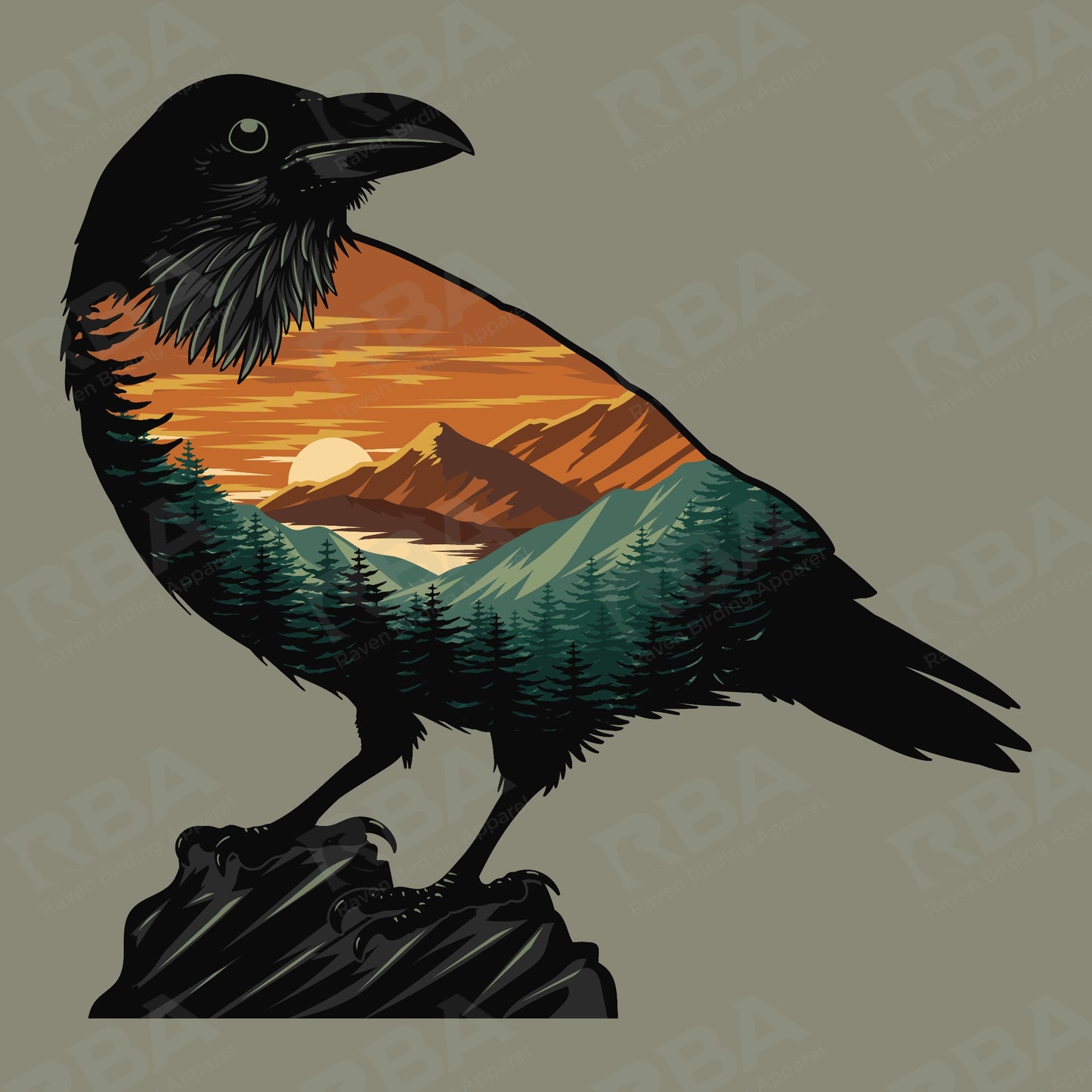 Illustration of a raven with a sunset and mountain landscape on its wings against a green background