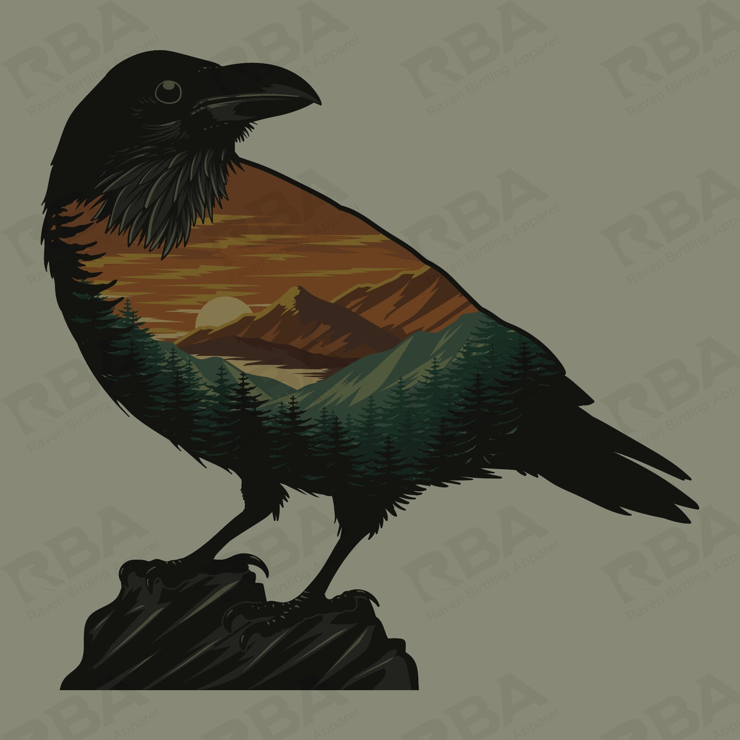 Illustration of a raven with a sunset and mountain landscape on its wings against a green background