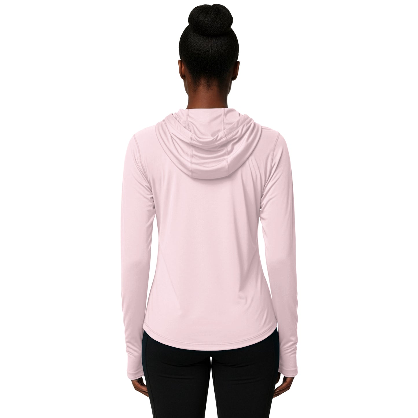 Woman wearing a Shell Pink long sleeve hooded shirt