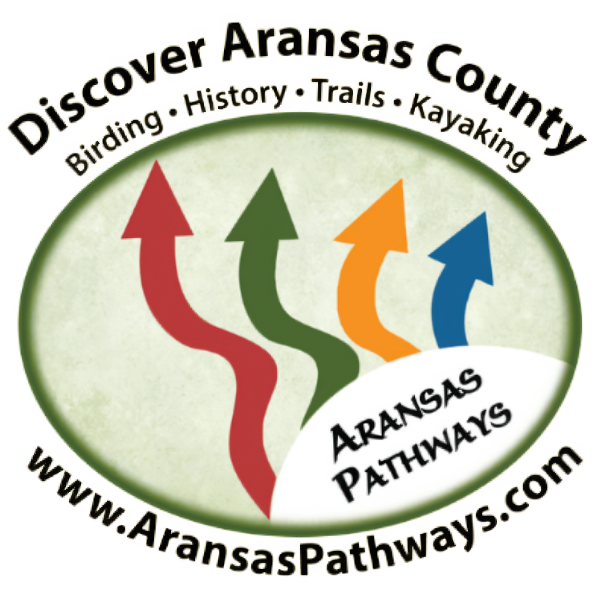 Logo for Aransas Pathways with colorful arrows and text about Aransas County activities.