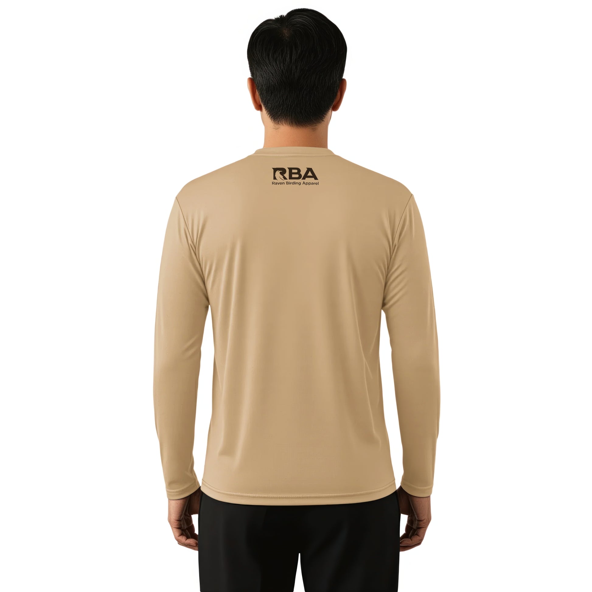 Person wearing a beige long-sleeve shirt with 'RBA' logo on the back against a white background