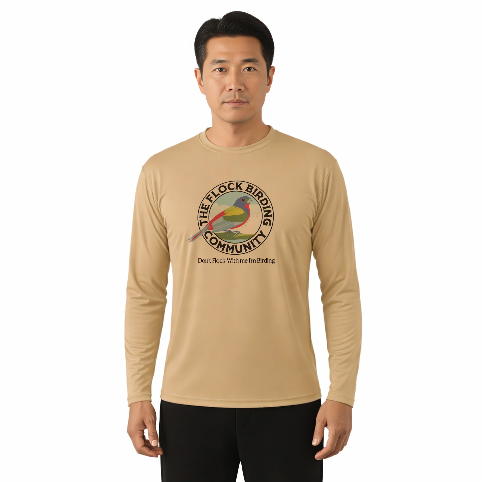 Man wearing a beige long-sleeve shirt with a bird-themed graphic and text on a white background