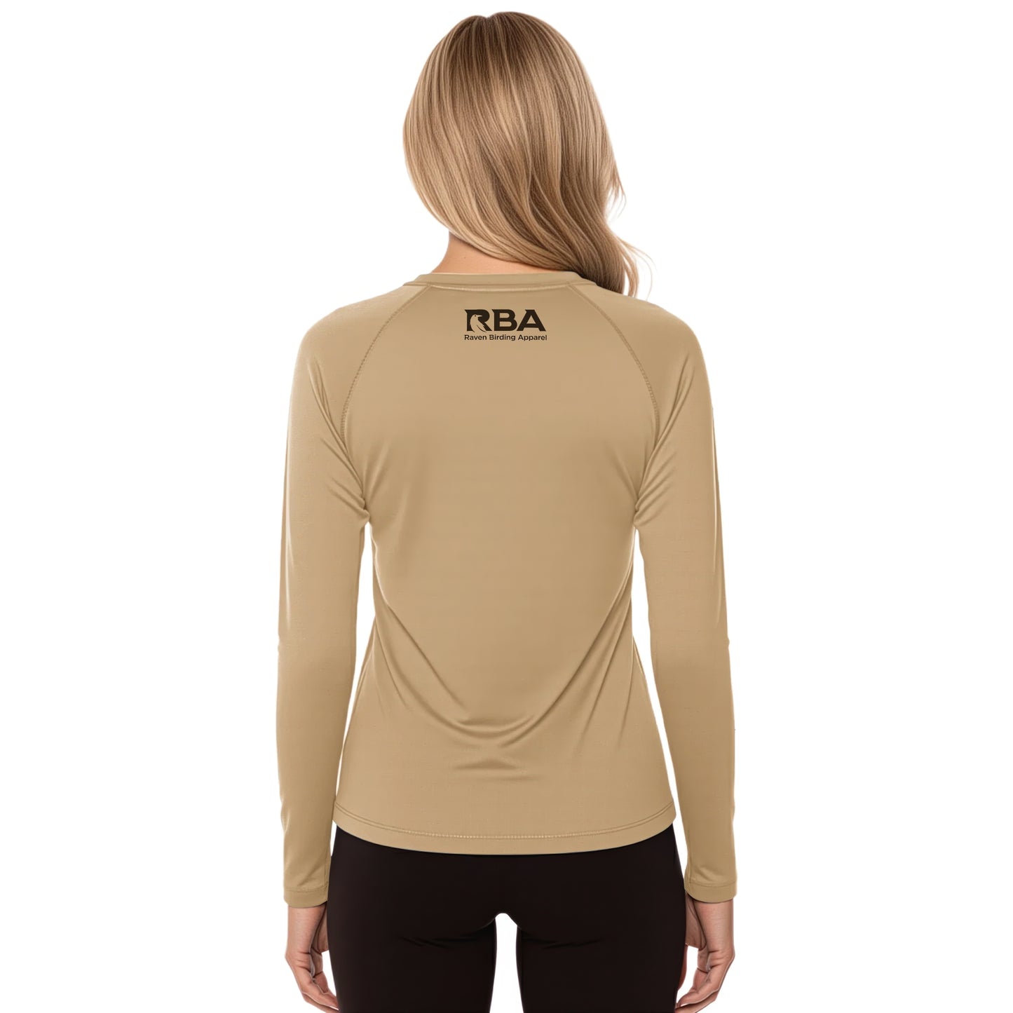 Person wearing a beige long-sleeve shirt with 'RBA' logo on the back against a white background