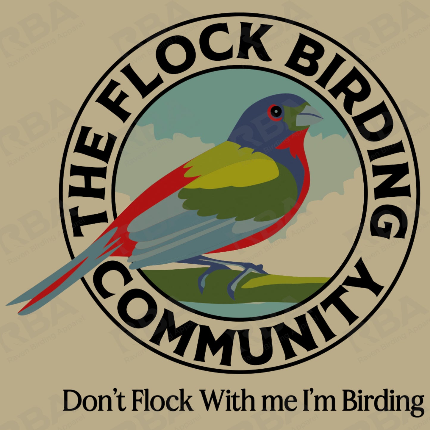 Logo of 'The Flock Birding Community' with a colorful bird illustration on a beige background.