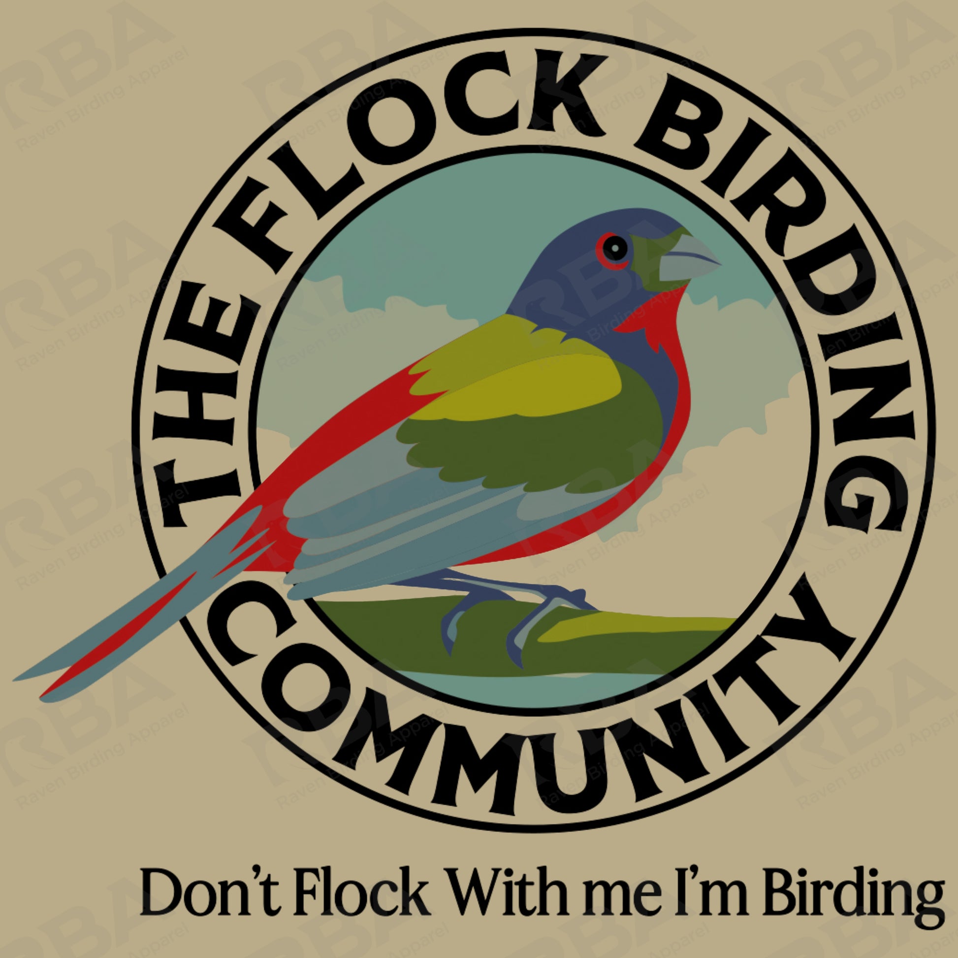 Logo of 'The Flock Birding Community' with a colorful bird illustration on a beige background.