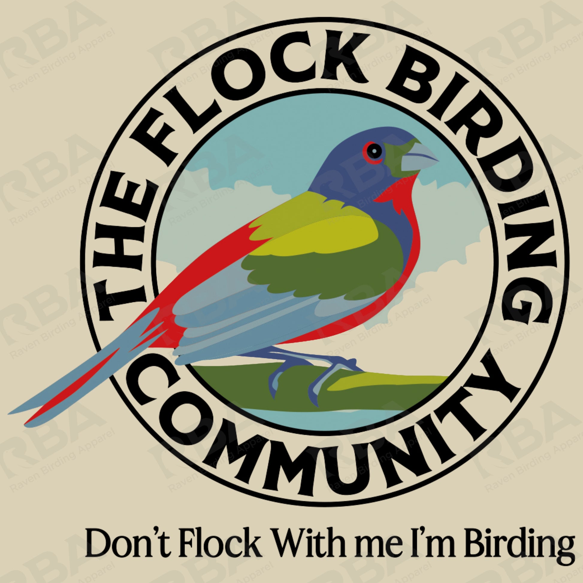 Logo of 'The Flock Birding Community' with a colorful bird illustration on a beige background.