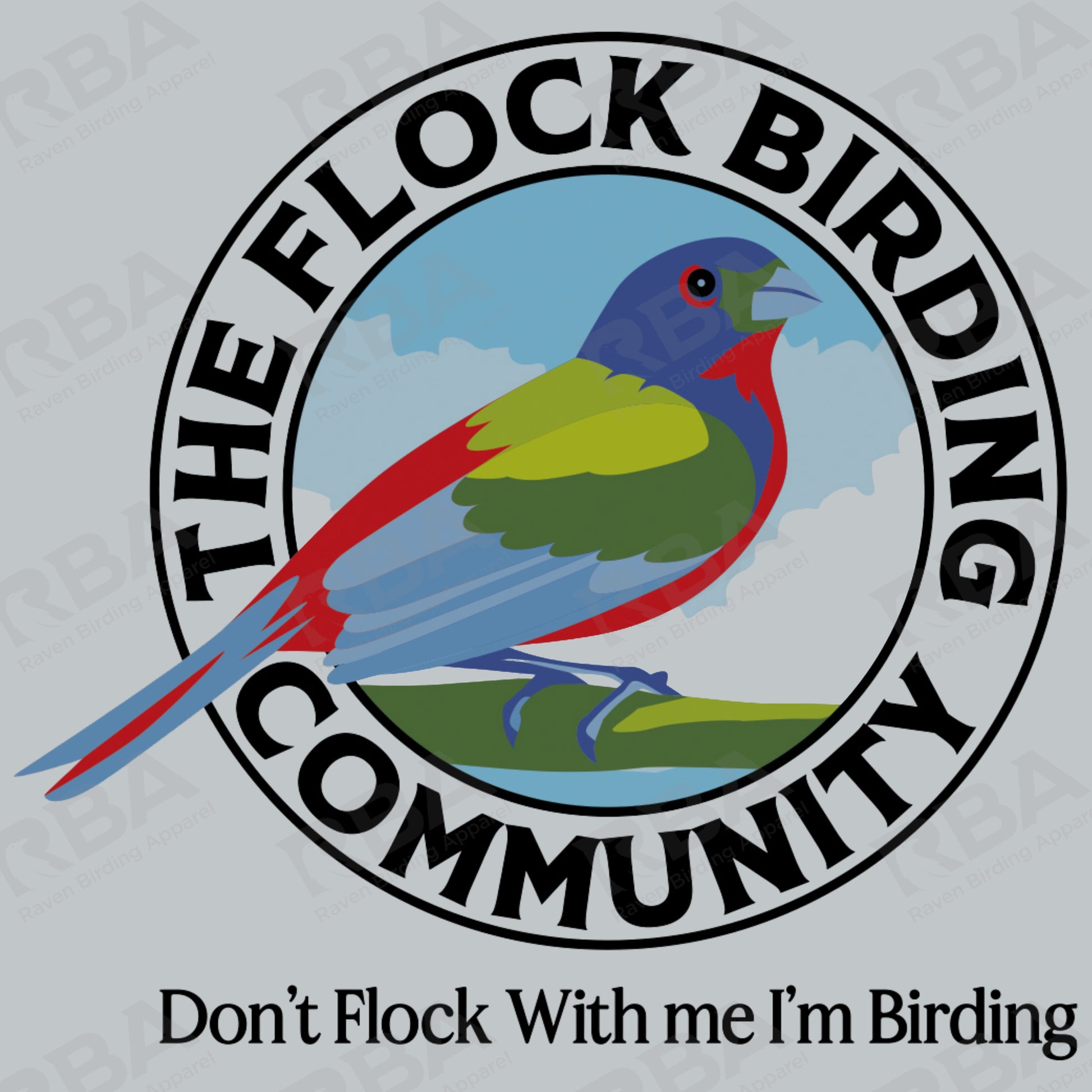 Logo of 'The Flock Birding Community' with a colorful bird illustration on a light gray background.