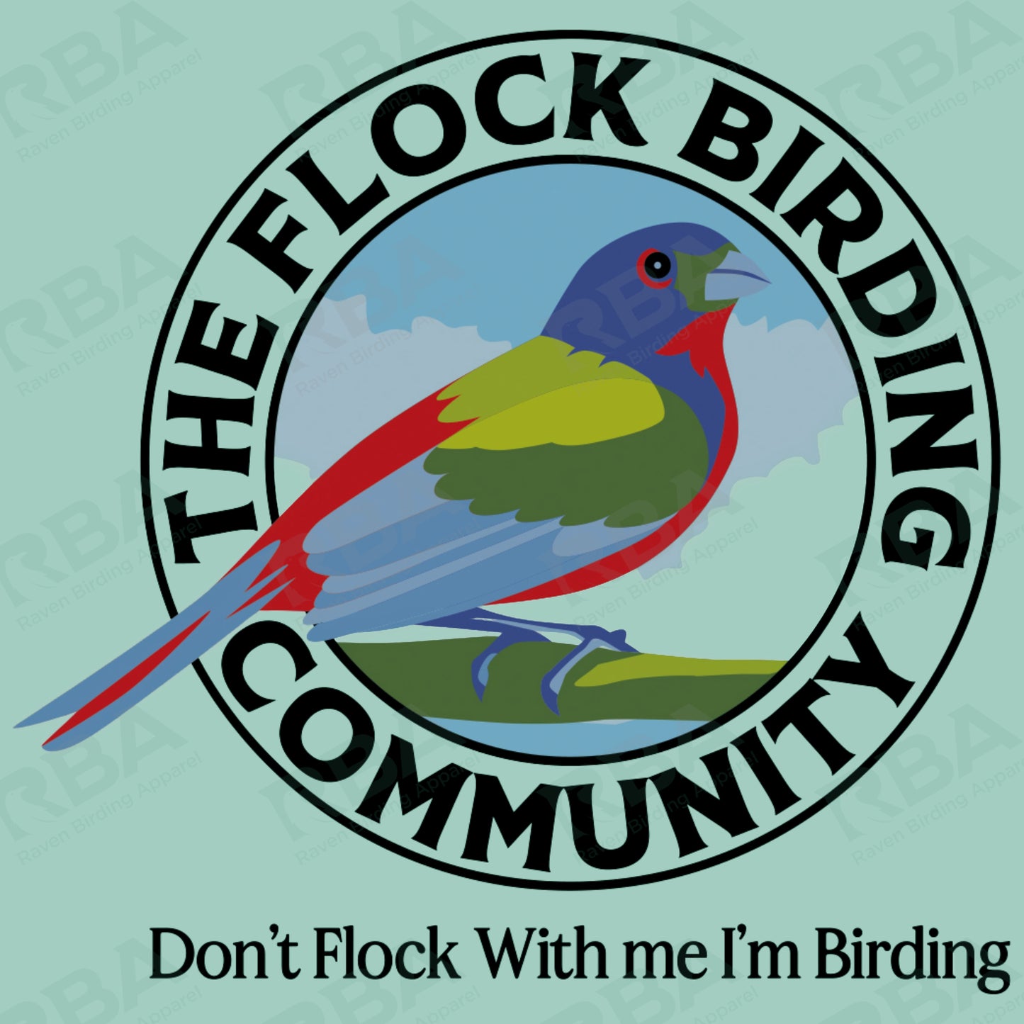 Logo of 'The Flock Birding Community' with a colorful bird illustration on a light green background.