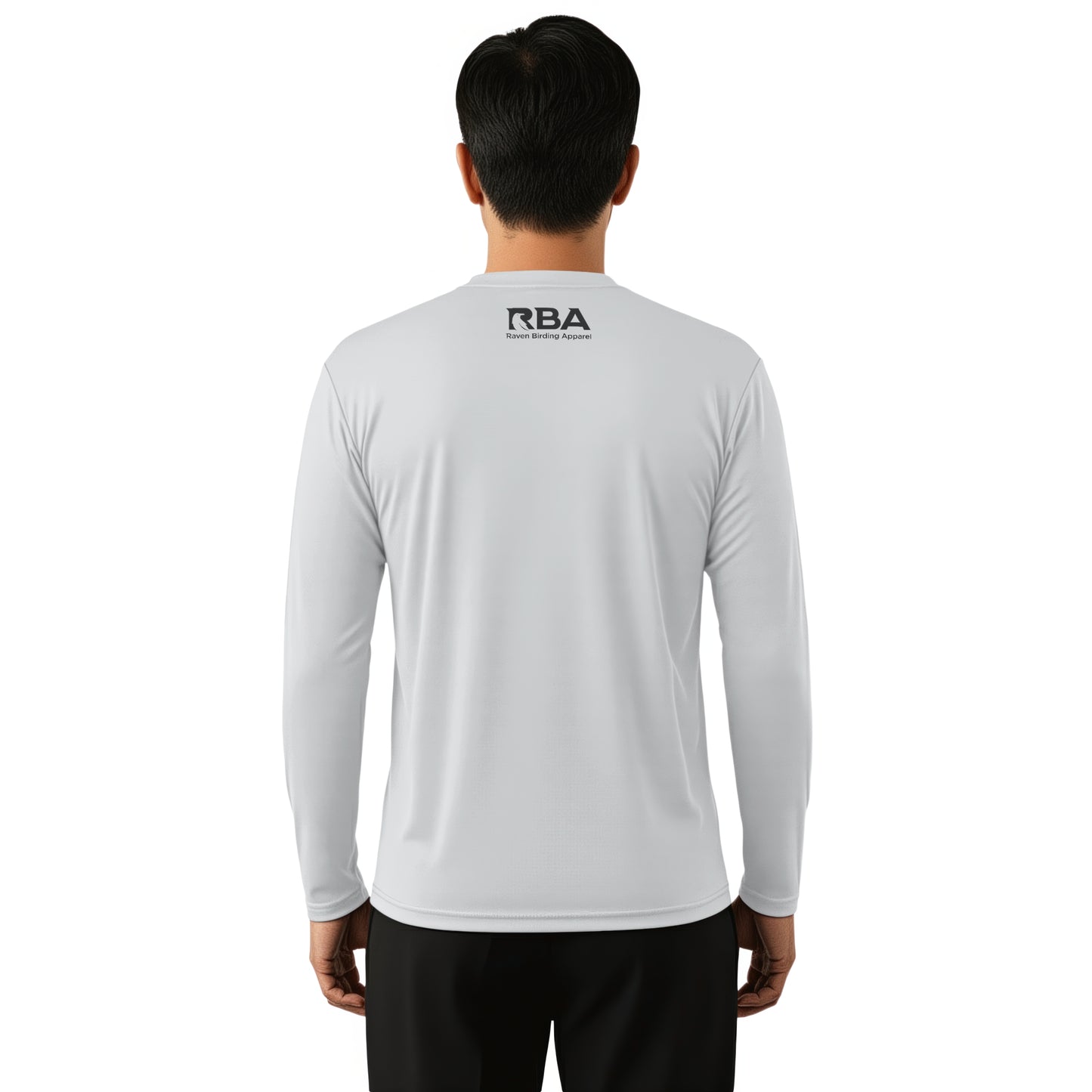 Person wearing a white long-sleeve shirt with 'RBA' logo on the back against a white background