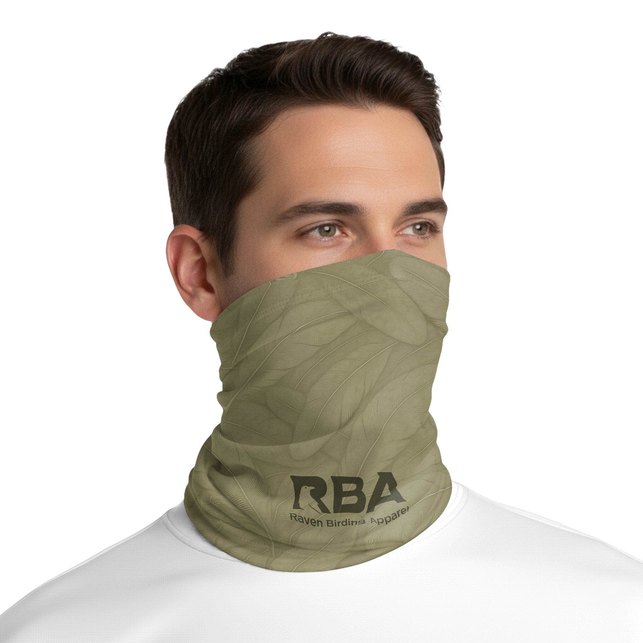 Man wearing a Dusty Olive neck gaiter with a Raven Birding Apparel logo.