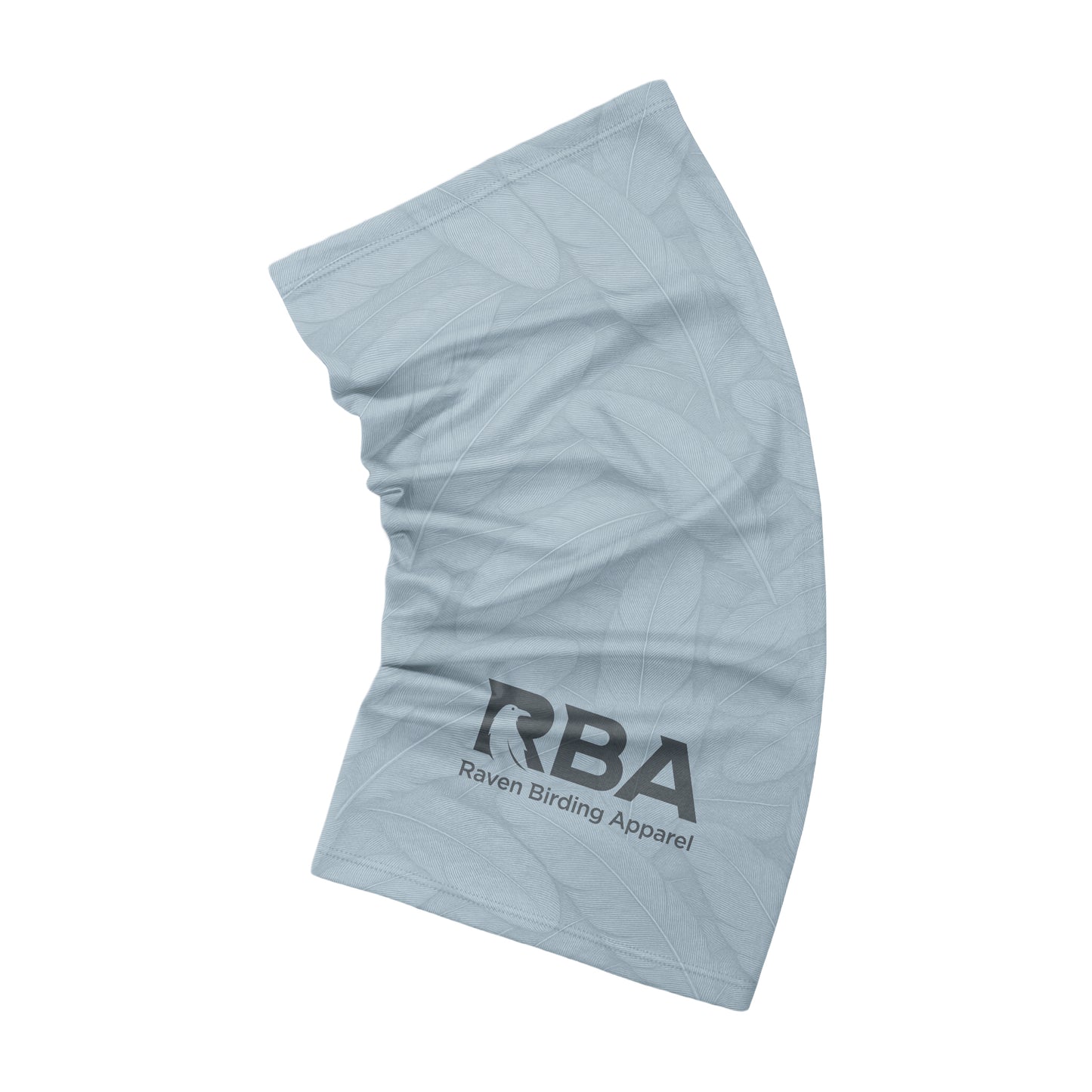 Habor Blue neck gaiter with Raven Birding Apparel logo
