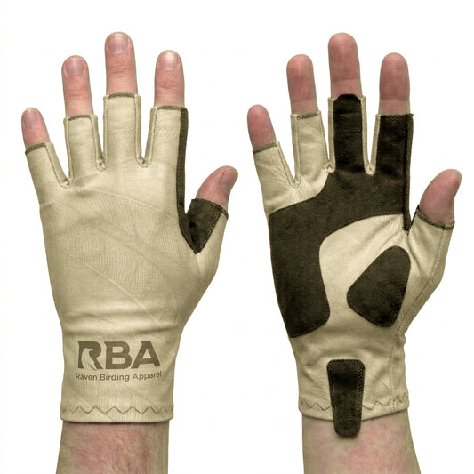 A pair of fingerless gloves shown on hands, displaying both the back and palm views. The gloves are beige with dark brown grip panels on the back of the hand and wrist.