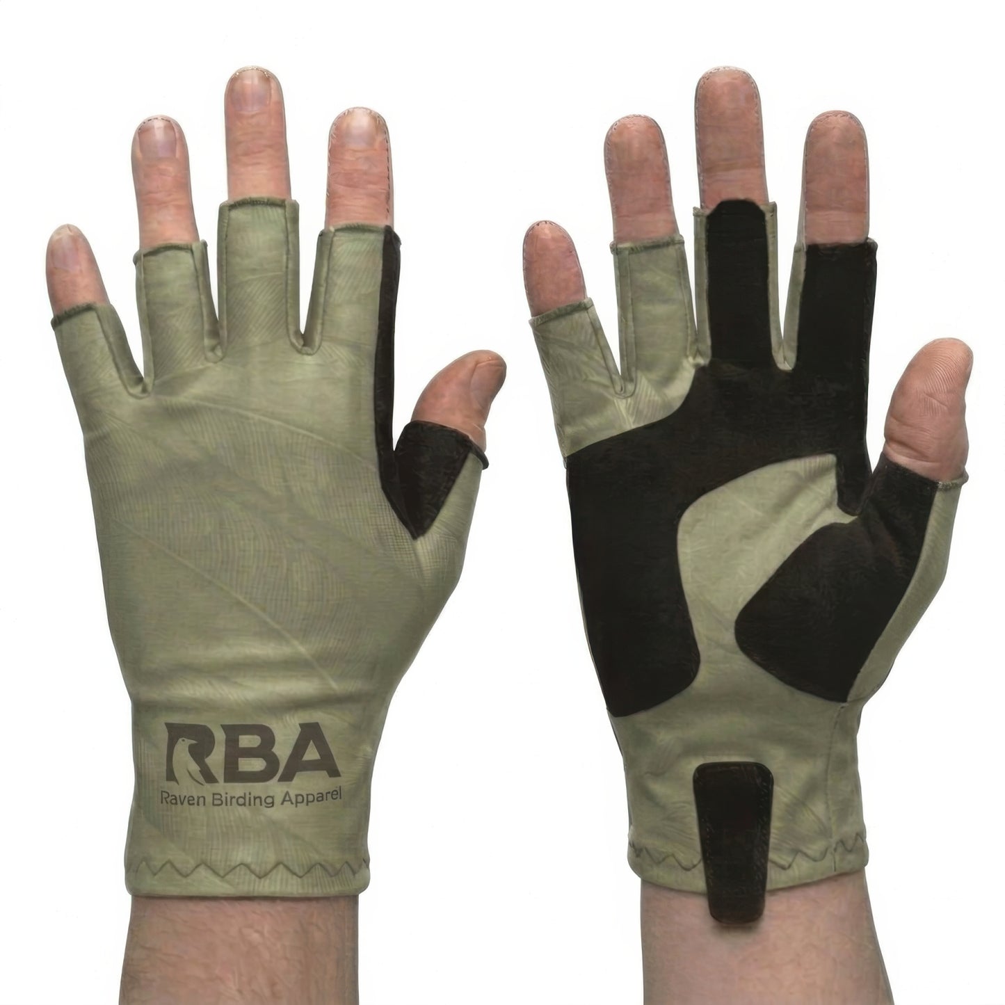 A pair of fingerless tactical gloves shown on hands, displaying both the back and palm sides. The gloves are olive green with black grip panels and feature the 'RBA Raven Binding Apparel' logo printed on the back.