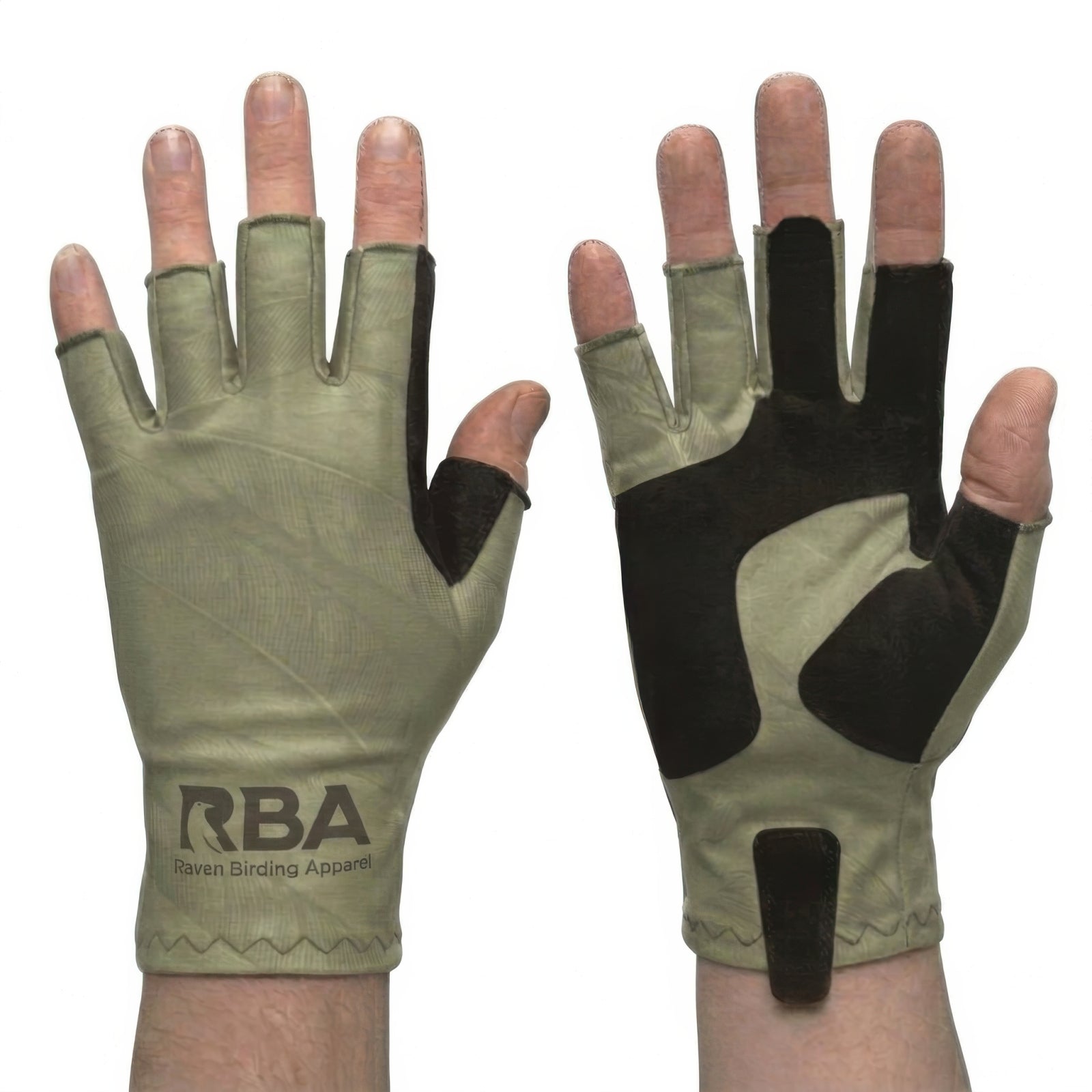 A pair of fingerless tactical gloves shown on hands, displaying both the back and palm sides. The gloves are olive green with black grip panels and feature the 'RBA Raven Binding Apparel' logo printed on the back.