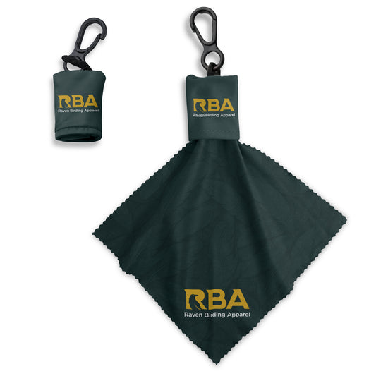 Microfiber lens cleaning cloth with a forest green feather pattern