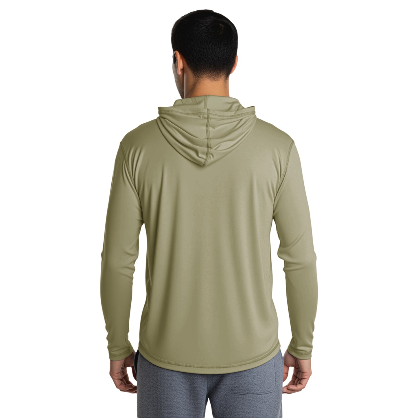 Man wearing a Dusty Olive long sleeve hooded shirt