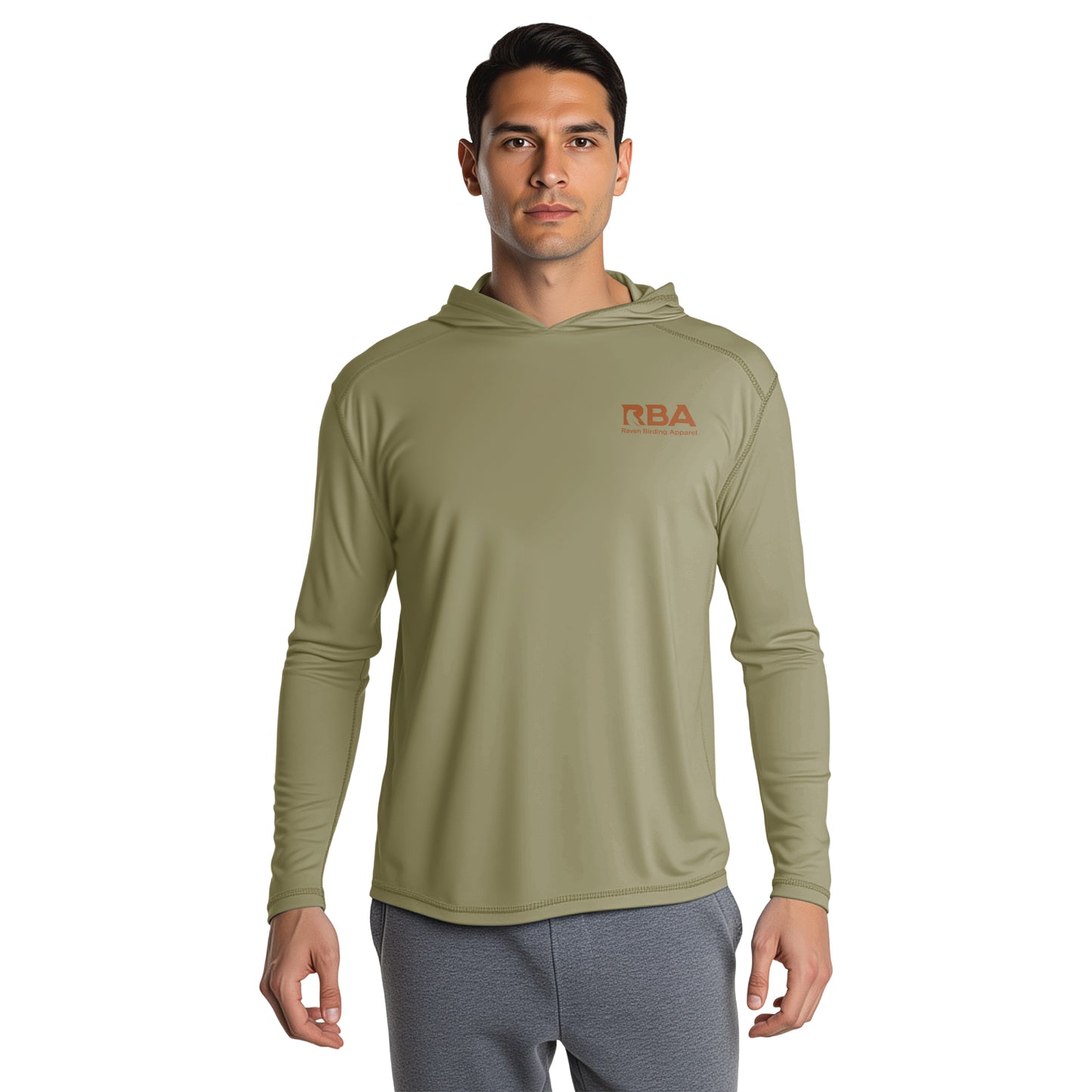 Man wearing a Dusty Olive long sleeve hooded shirt