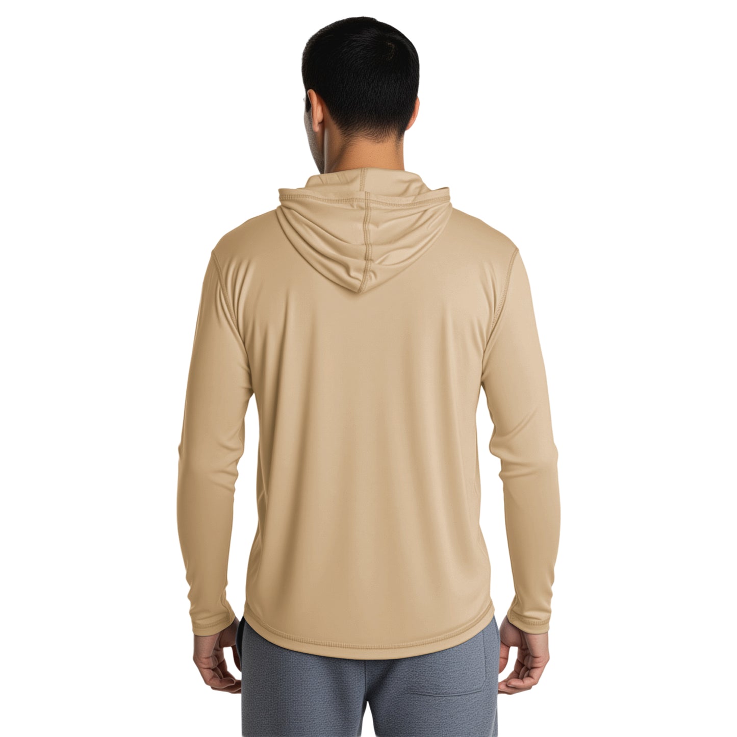 Man wearing an Earthen Tan long sleeve hooded shirt
