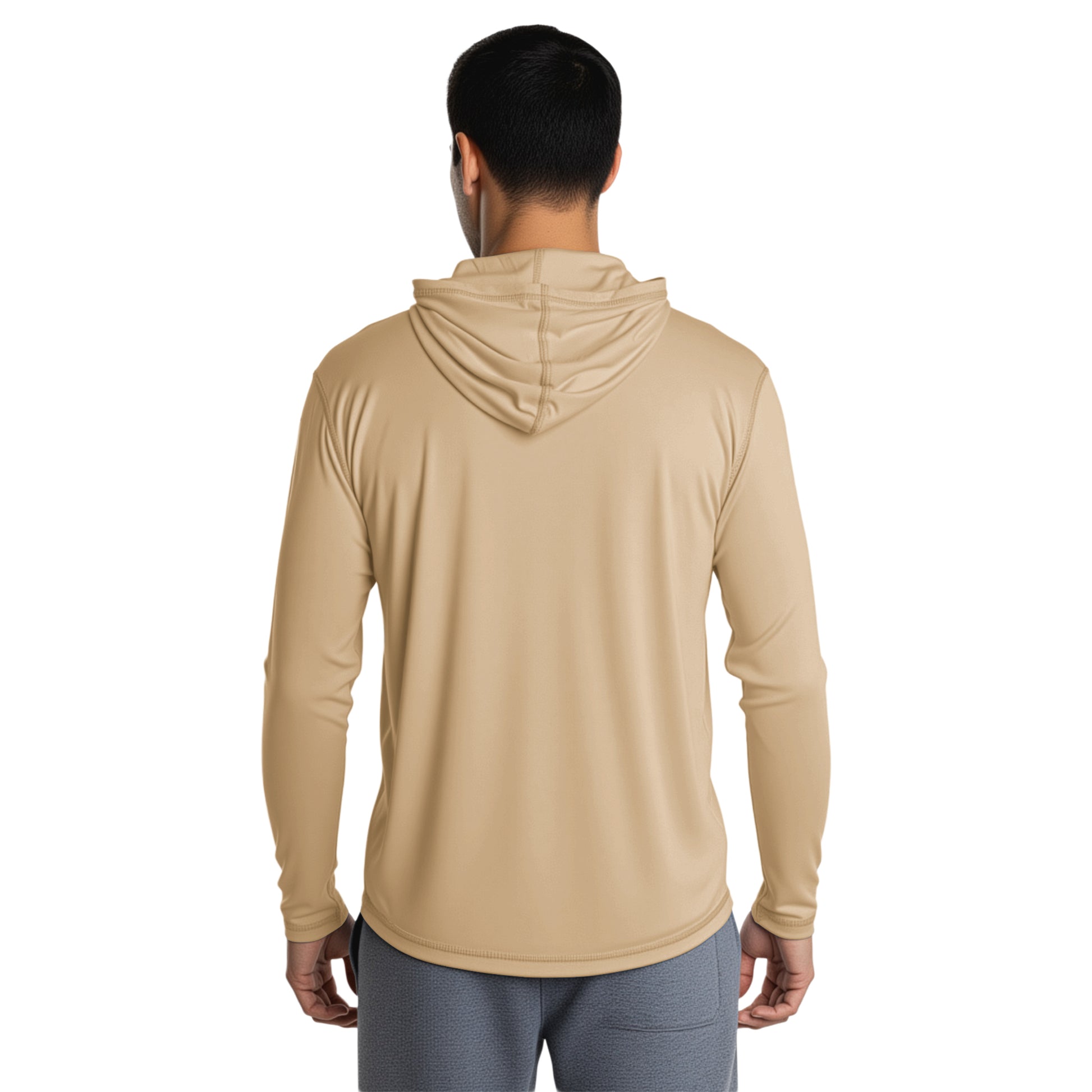 Man wearing an Earthen Tan long sleeve hooded shirt