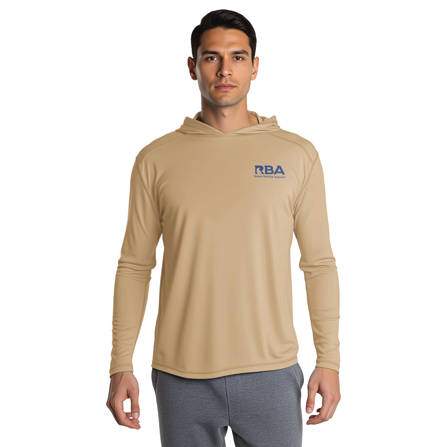 Man wearing an Earthen Tan long sleeve hooded shirt