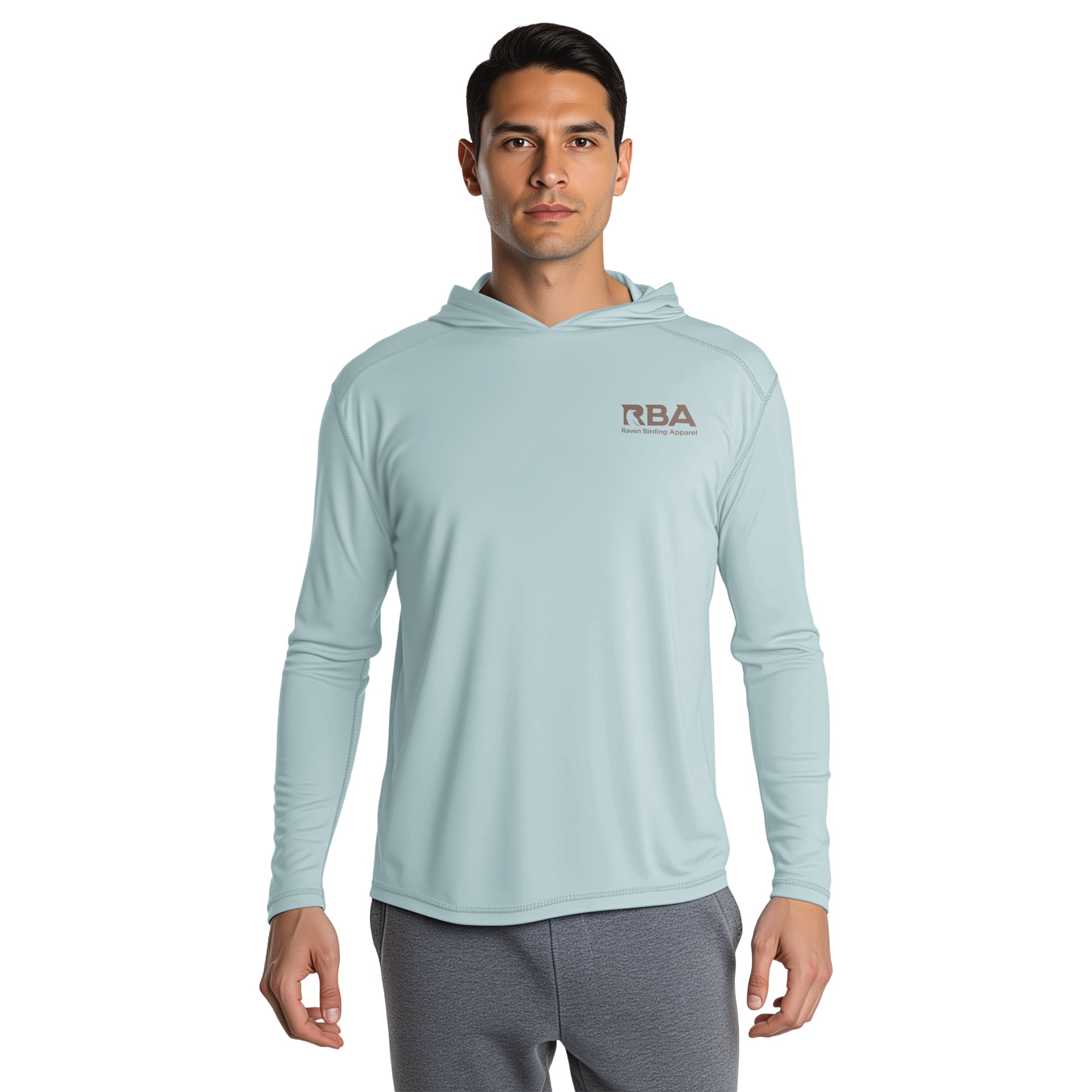 Man wearing a Weathered Slate long sleeve hooded shirt