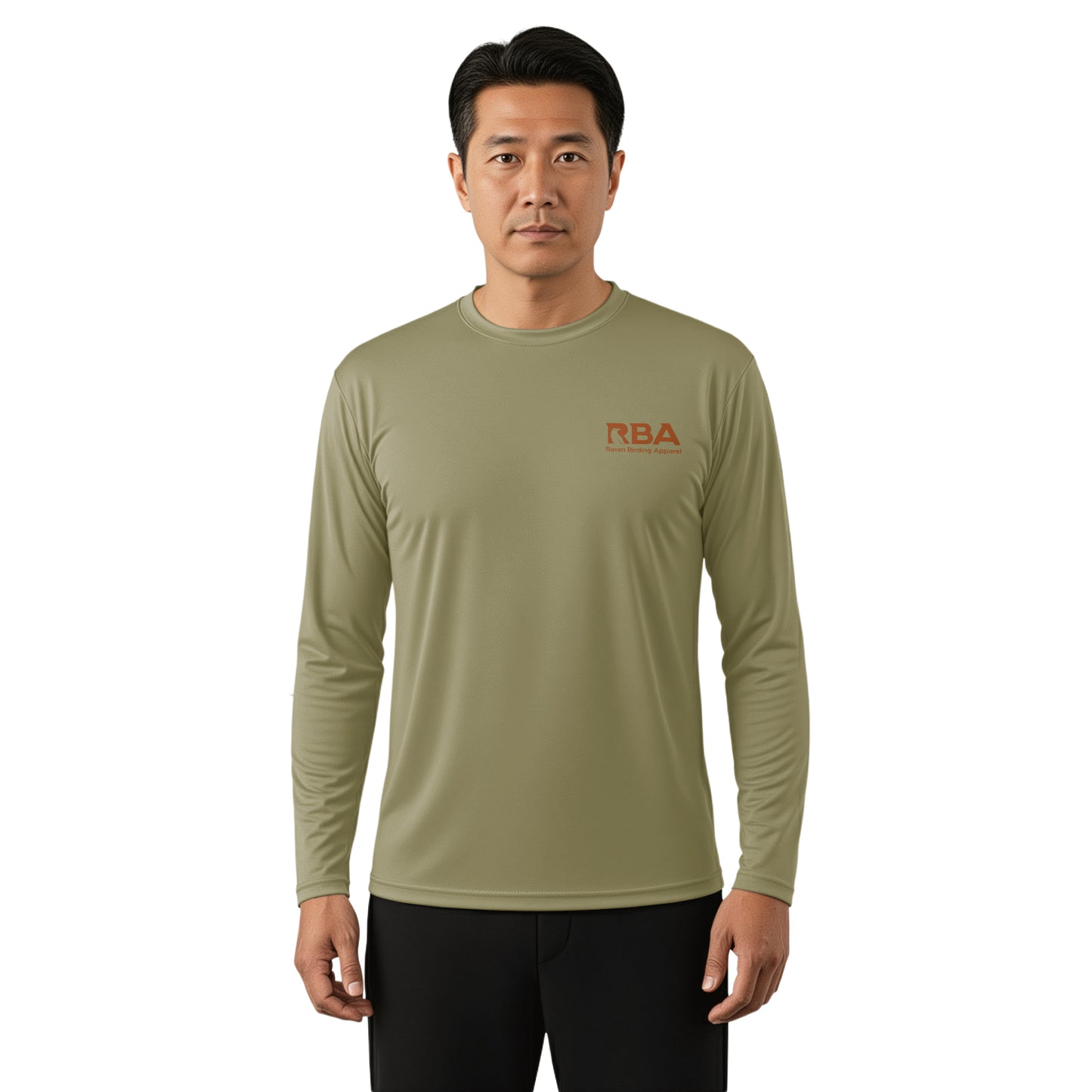 Man wearing a Dusty Olive long sleeve shirt
