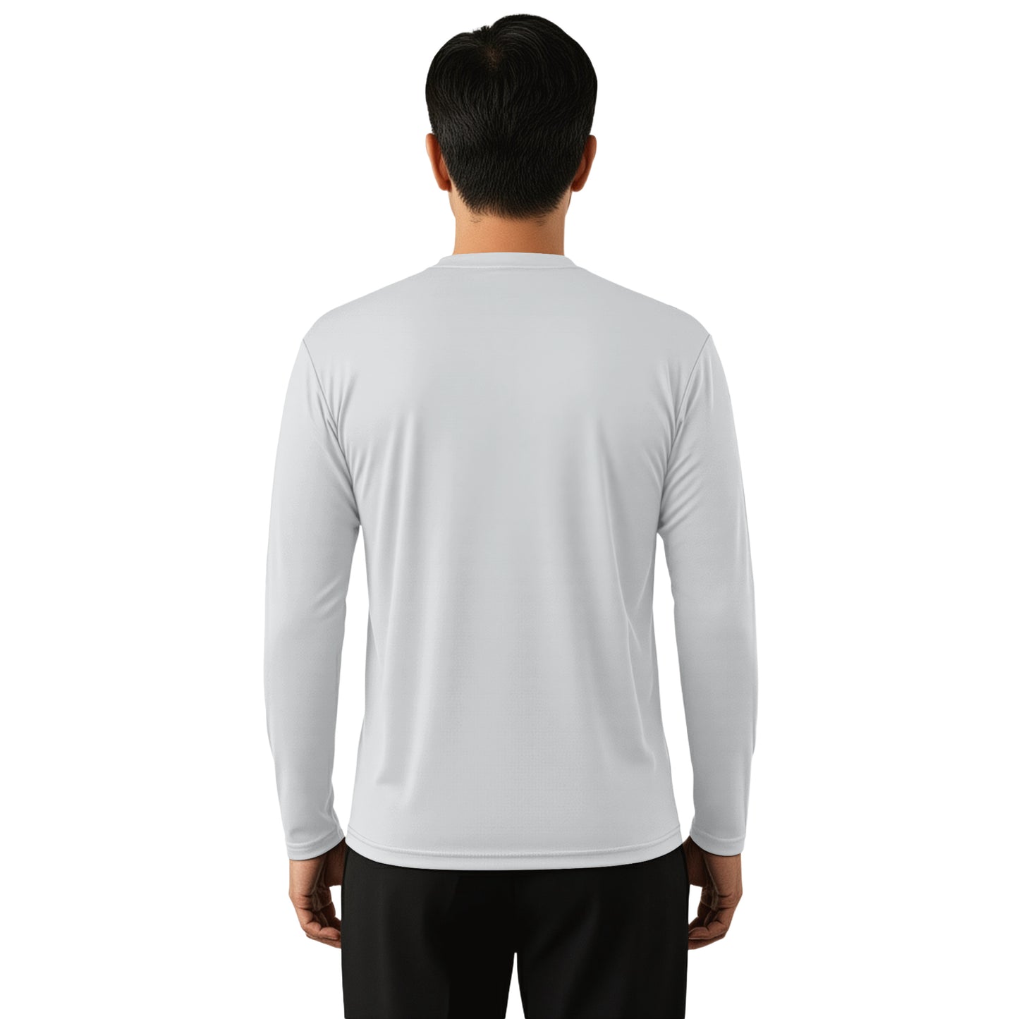 Man wearing a Pebble Gray long sleeve shirt