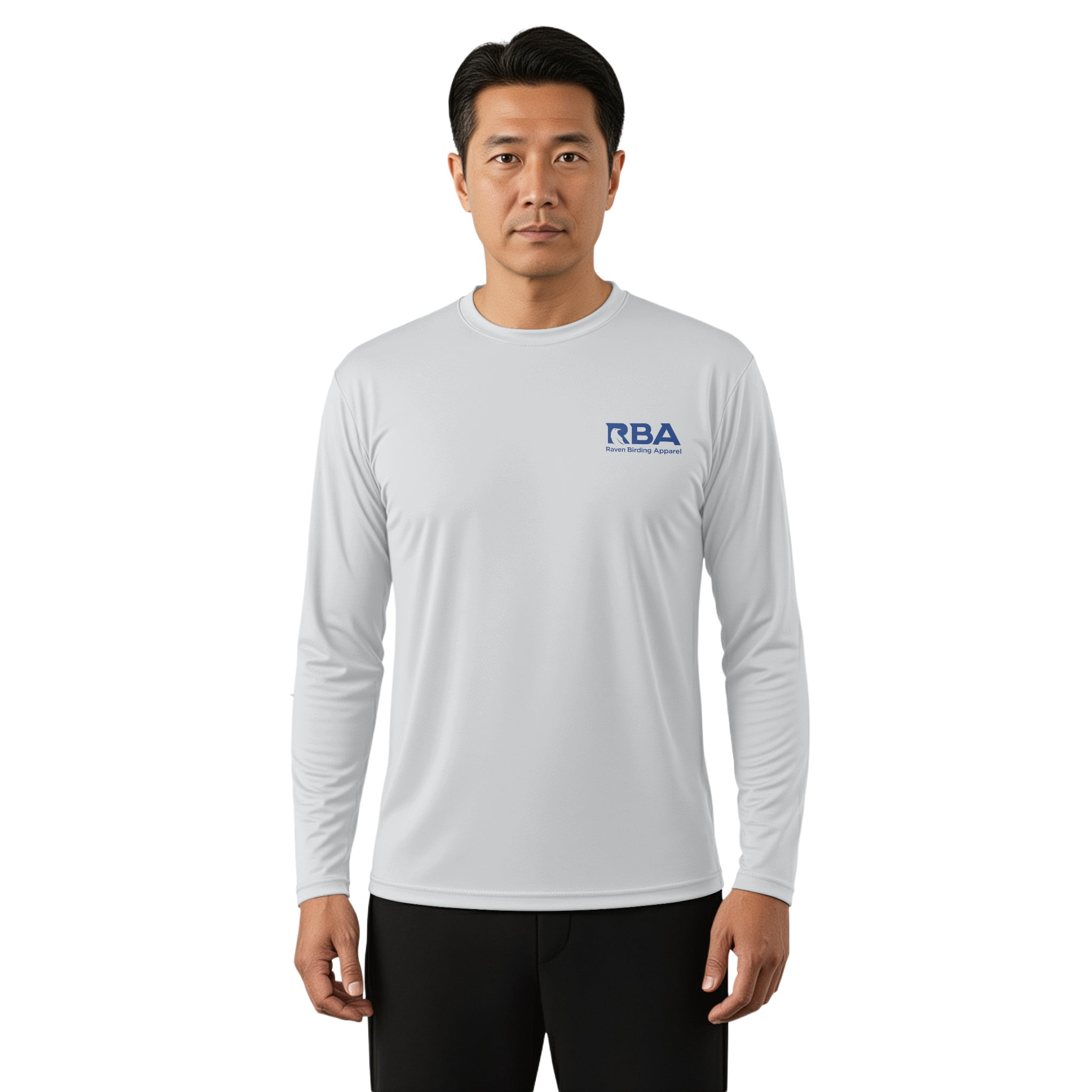 Man wearing a Pebble Gray long sleeve shirt
