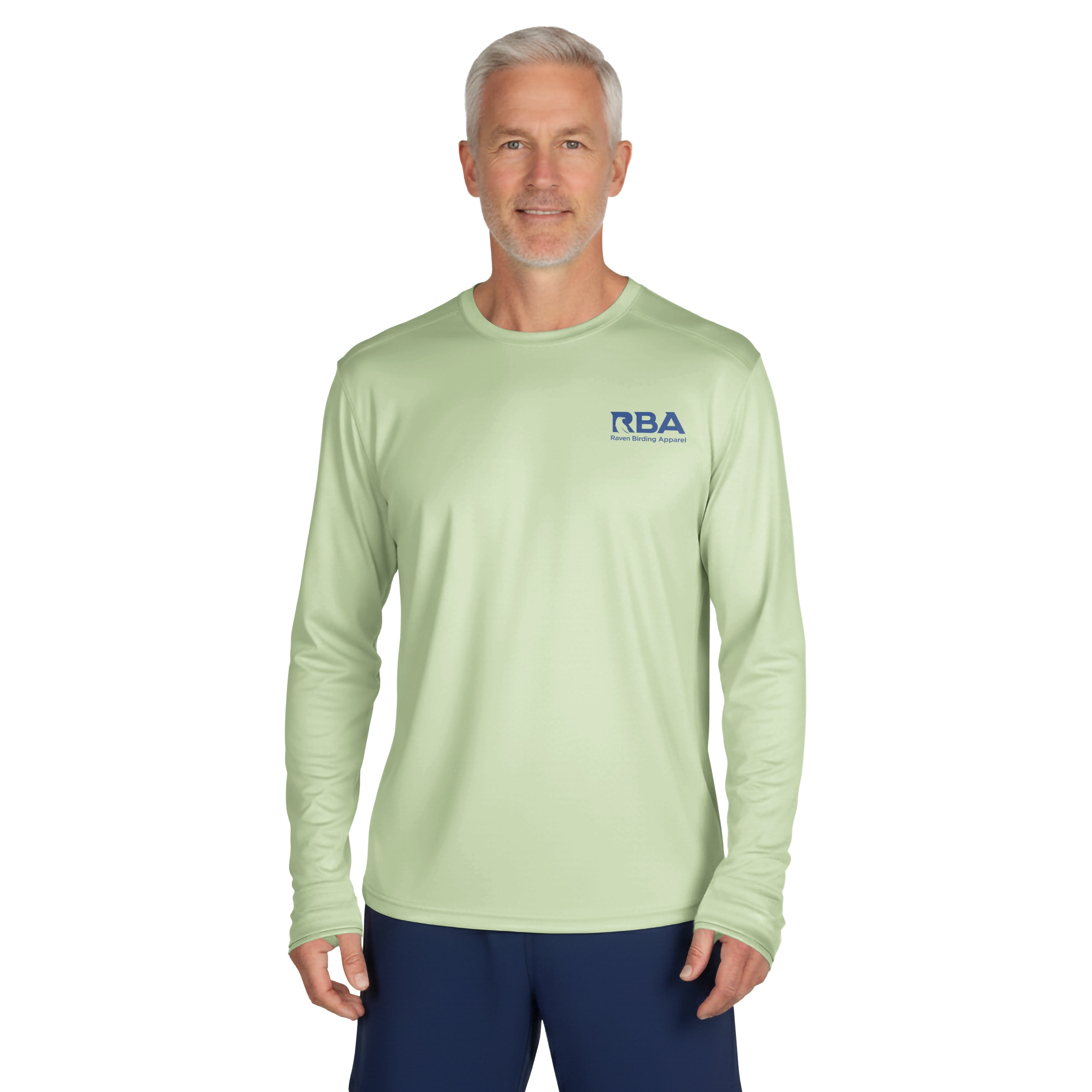 Man wearing a Dry Sage long sleeve solar shirt with RBA logo on the chest.