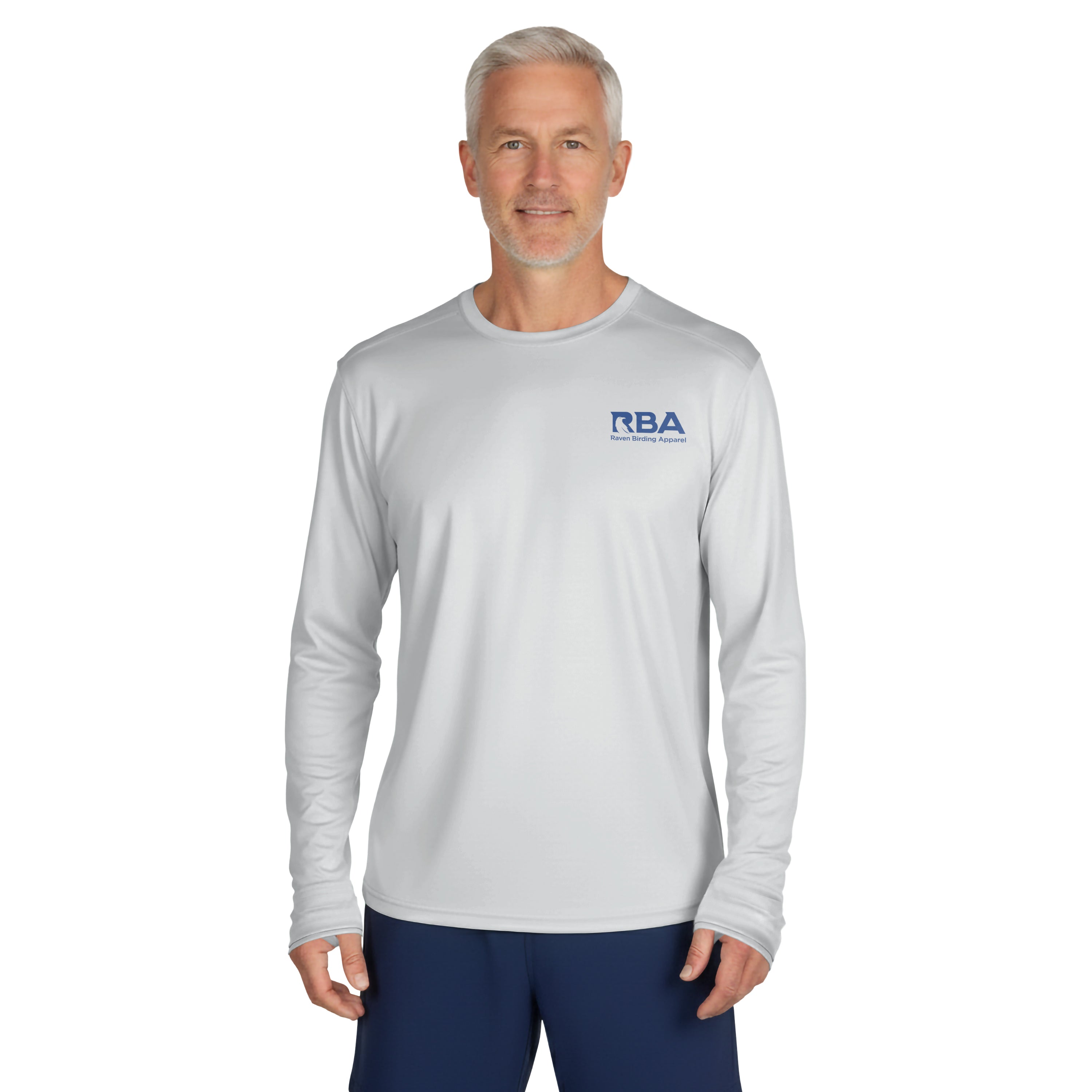 Man wearing a Pebble Gray long sleeve solar shirt with RBA logo on the chest.