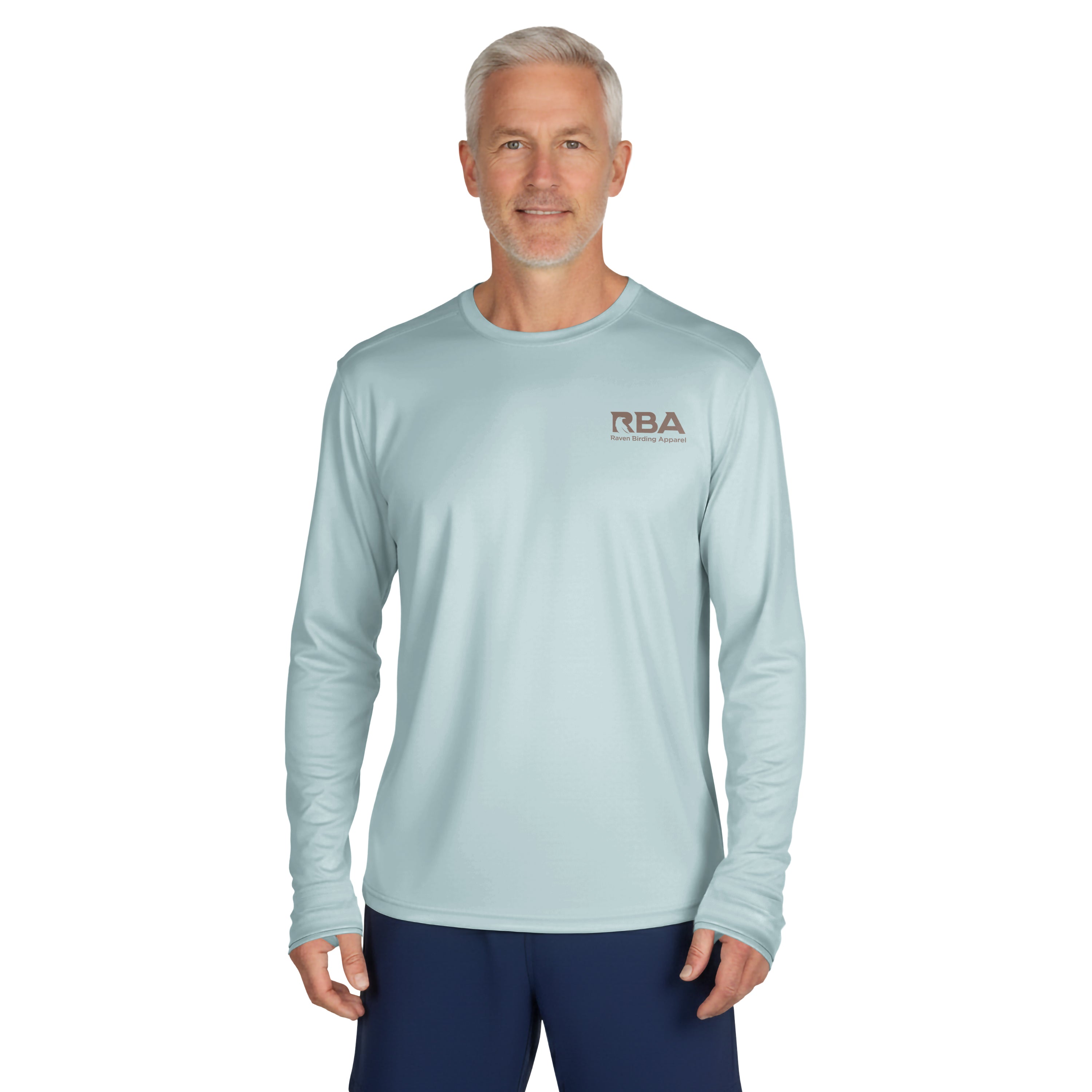 Man wearing a Weathered Slate long sleeve solar shirt with RBA logo on the chest.