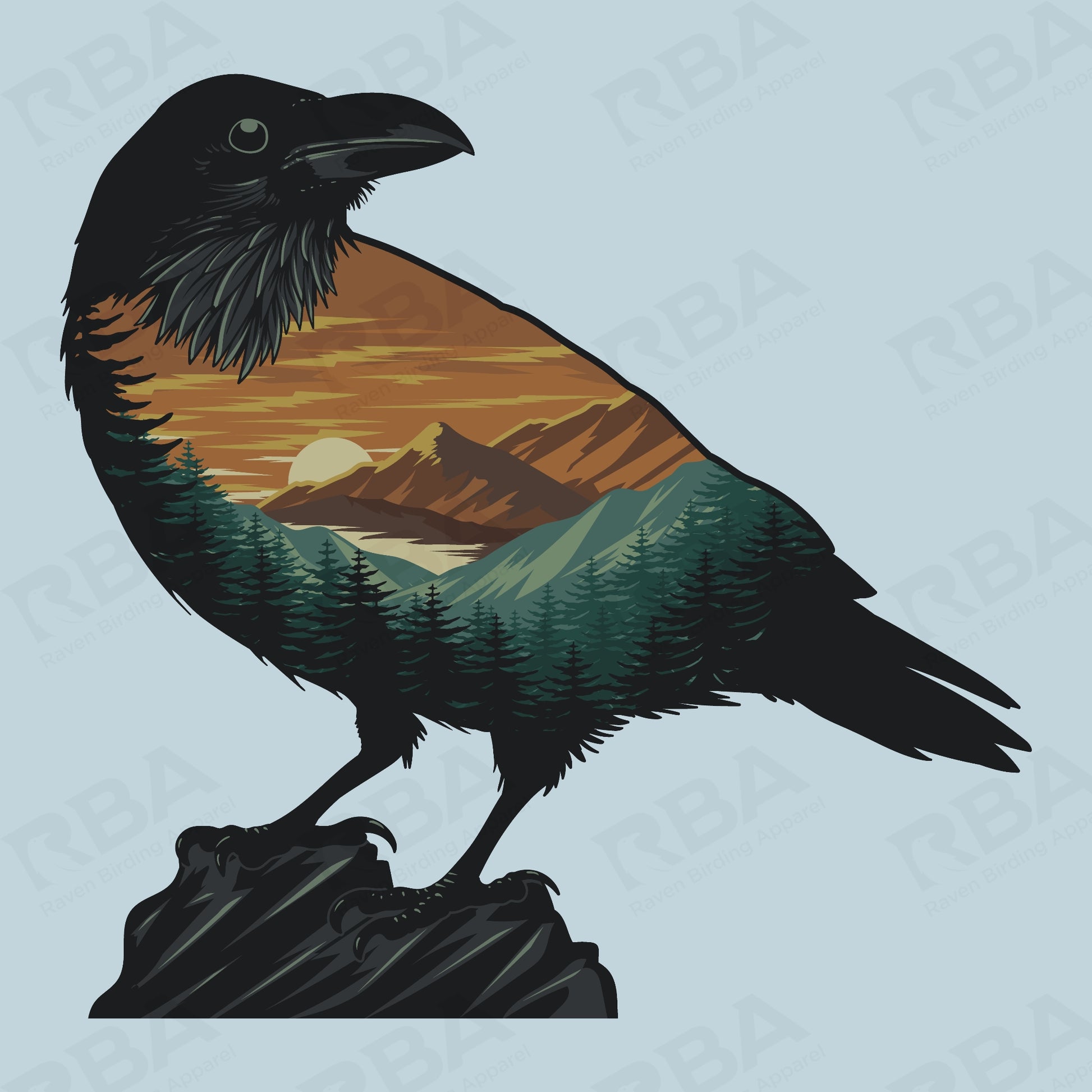 A stylized raven illustration in black with a scenic landscape filled inside its body, showing orange mountains, green trees, and a pale sun, set against a light blue background with faint repeated watermark text.