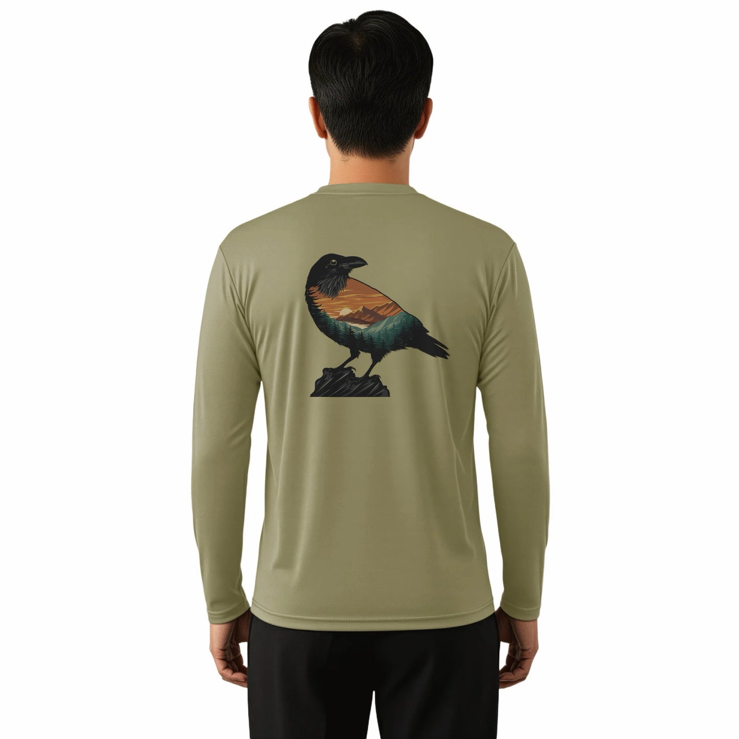 Person wearing a long-sleeve shirt with a bird design on the back, standing against a white background.