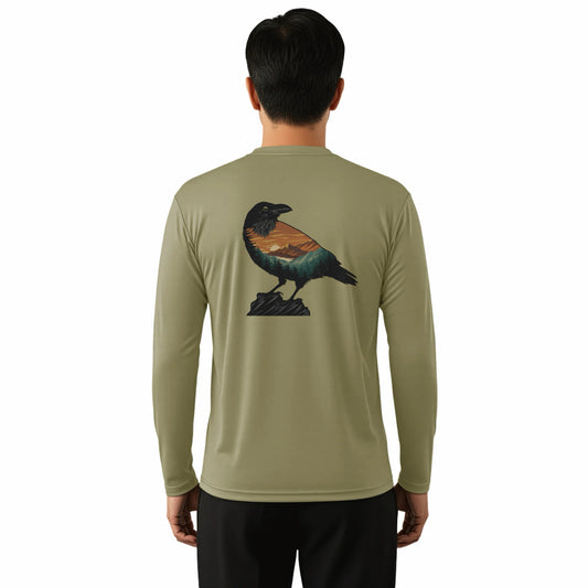 Person wearing a long-sleeve shirt with a bird design on the back, standing against a white background.