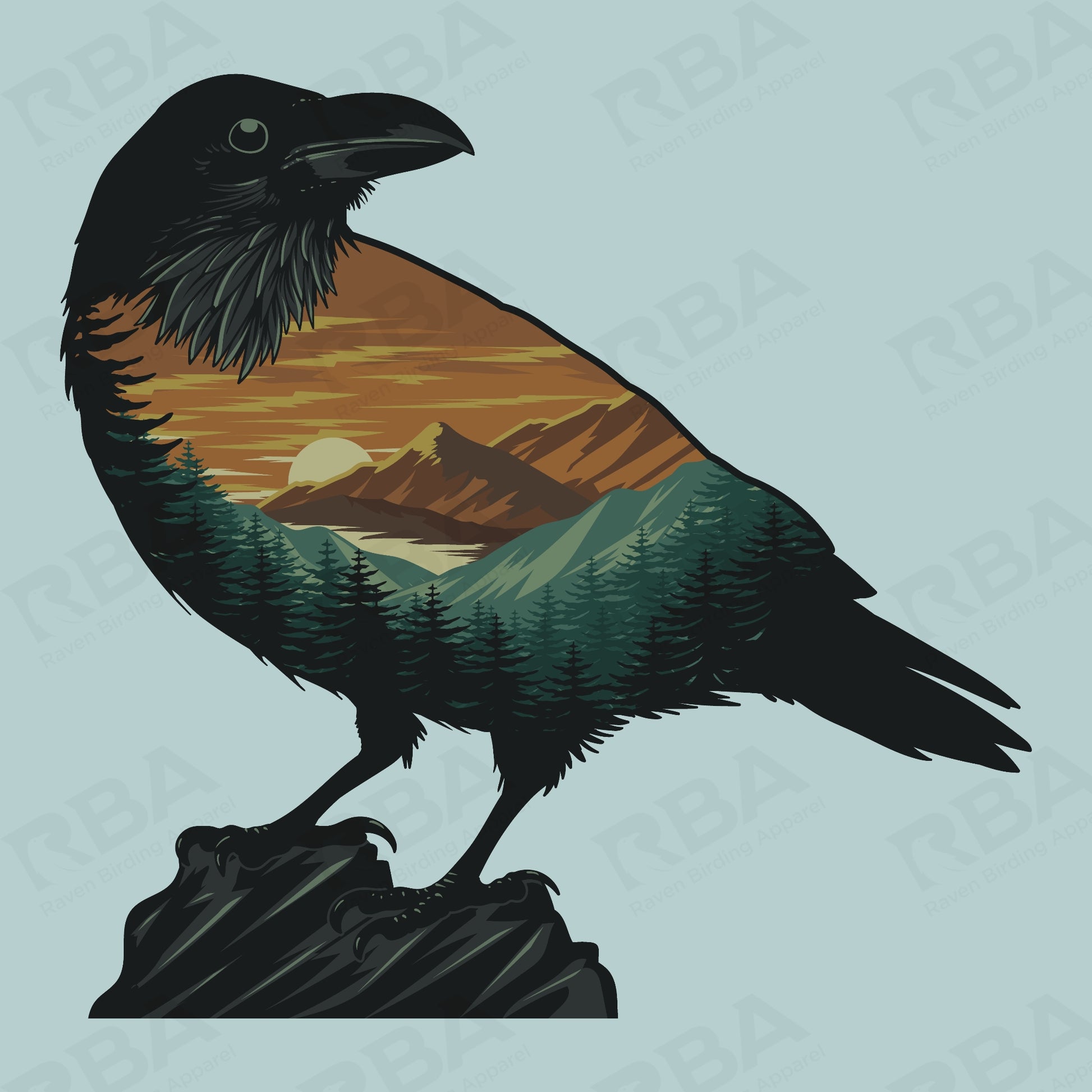 A stylized raven illustration in black with a scenic landscape inside its body showing an orange sunset, mountains, and green pine trees, perched on a dark rock against a light blue background with faint diagonal watermark text.