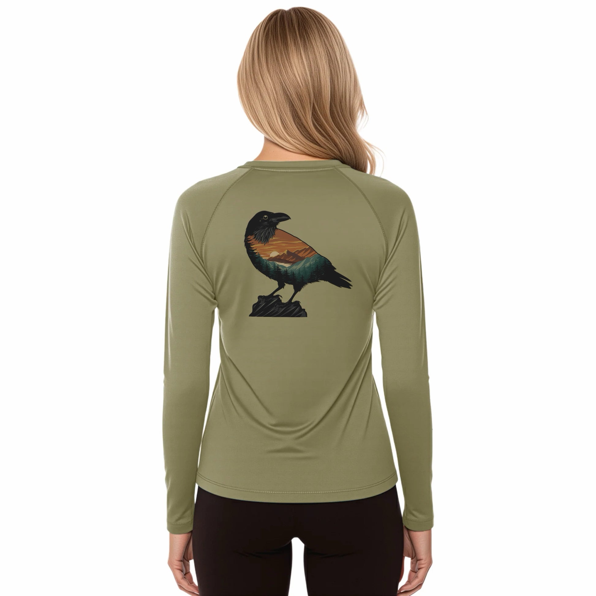 Person wearing a green long-sleeve shirt with a bird design on the back, on a white background