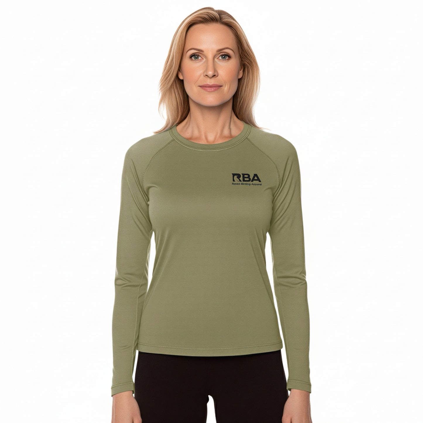 Woman wearing an olive green long-sleeve shirt with 'RBA' logo on a white background