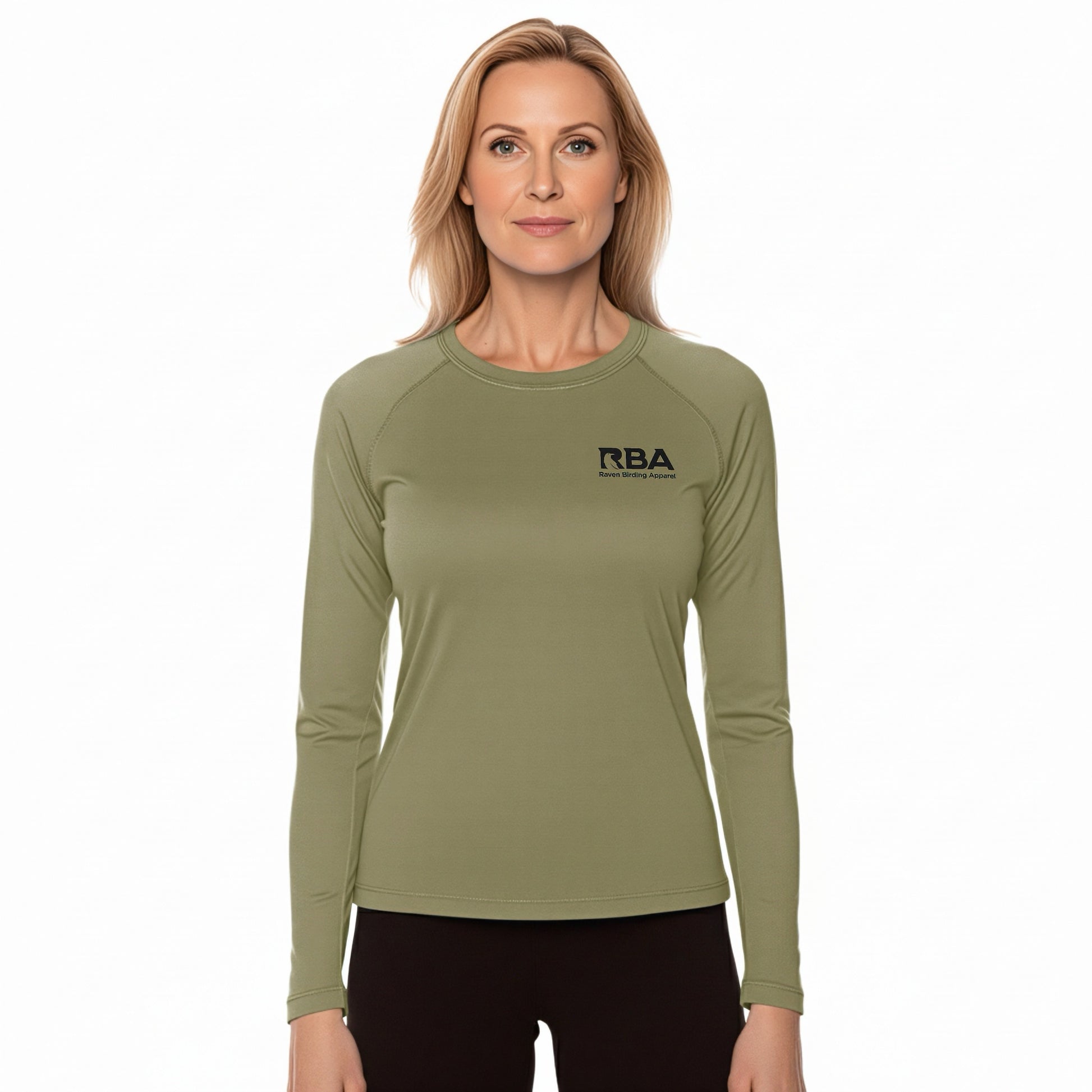 Woman wearing an olive green long-sleeve shirt with 'RBA' logo on a white background
