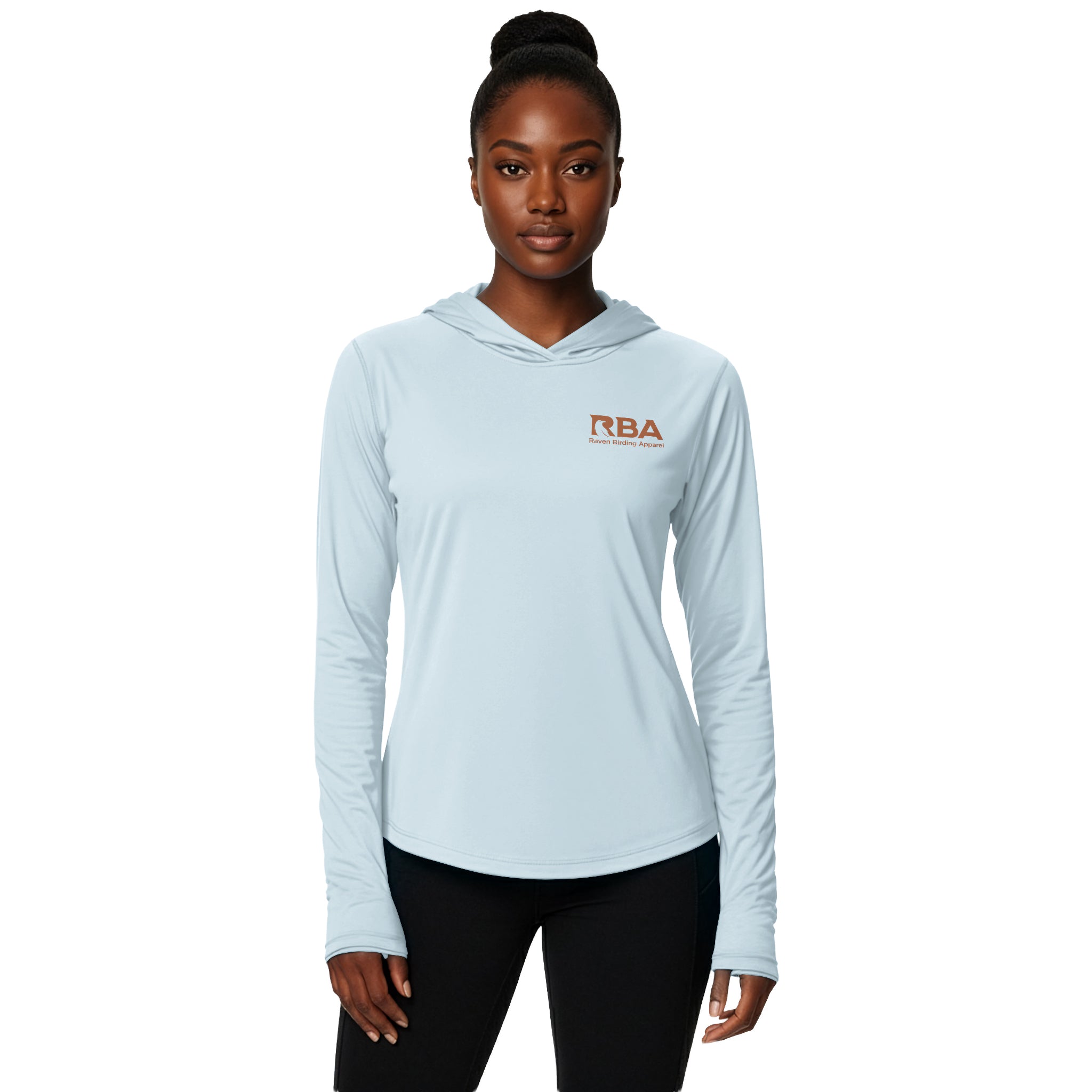 Woman wearing a Glacier Blue long sleeve hooded shirt
