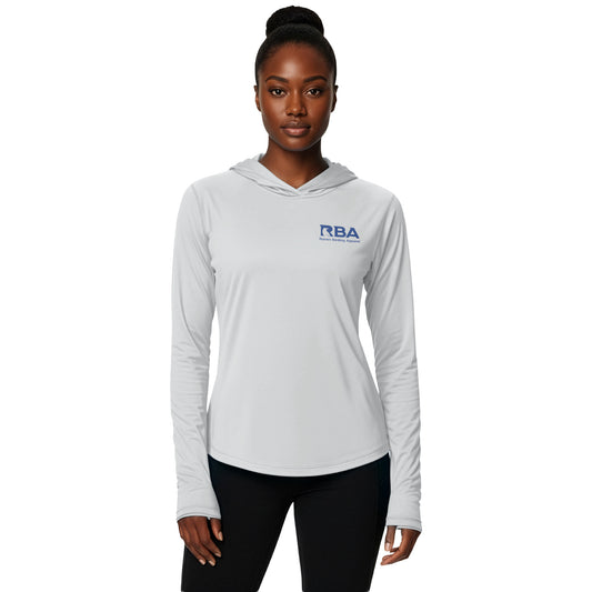 Woman wearing a Pearl Gray long sleeve hooded shirt