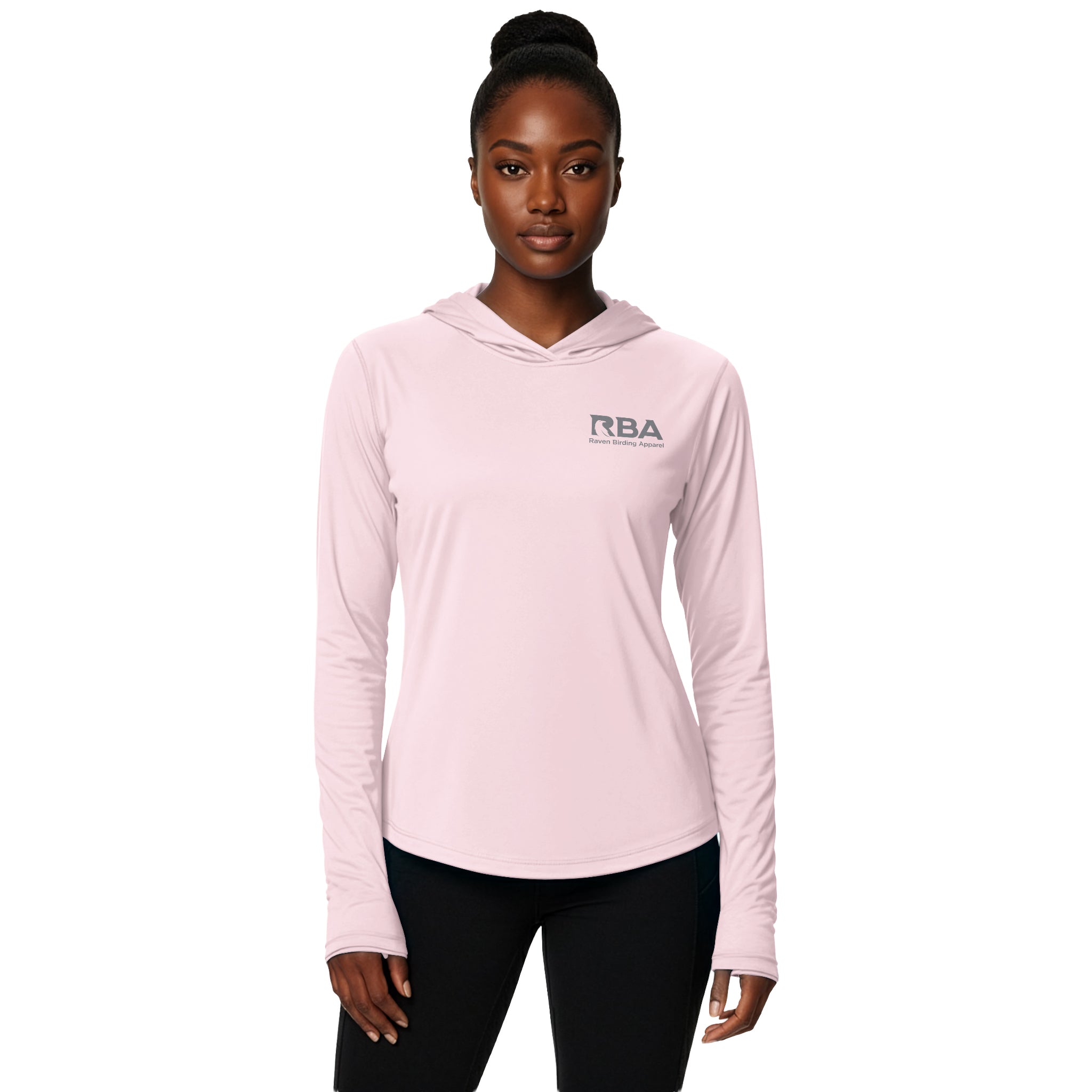 Woman wearing a Shell Pink long sleeve hooded shirt