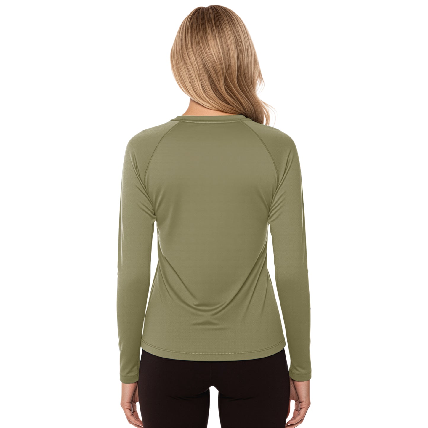 Woman wearing a Dusty Olive long sleeve shirt