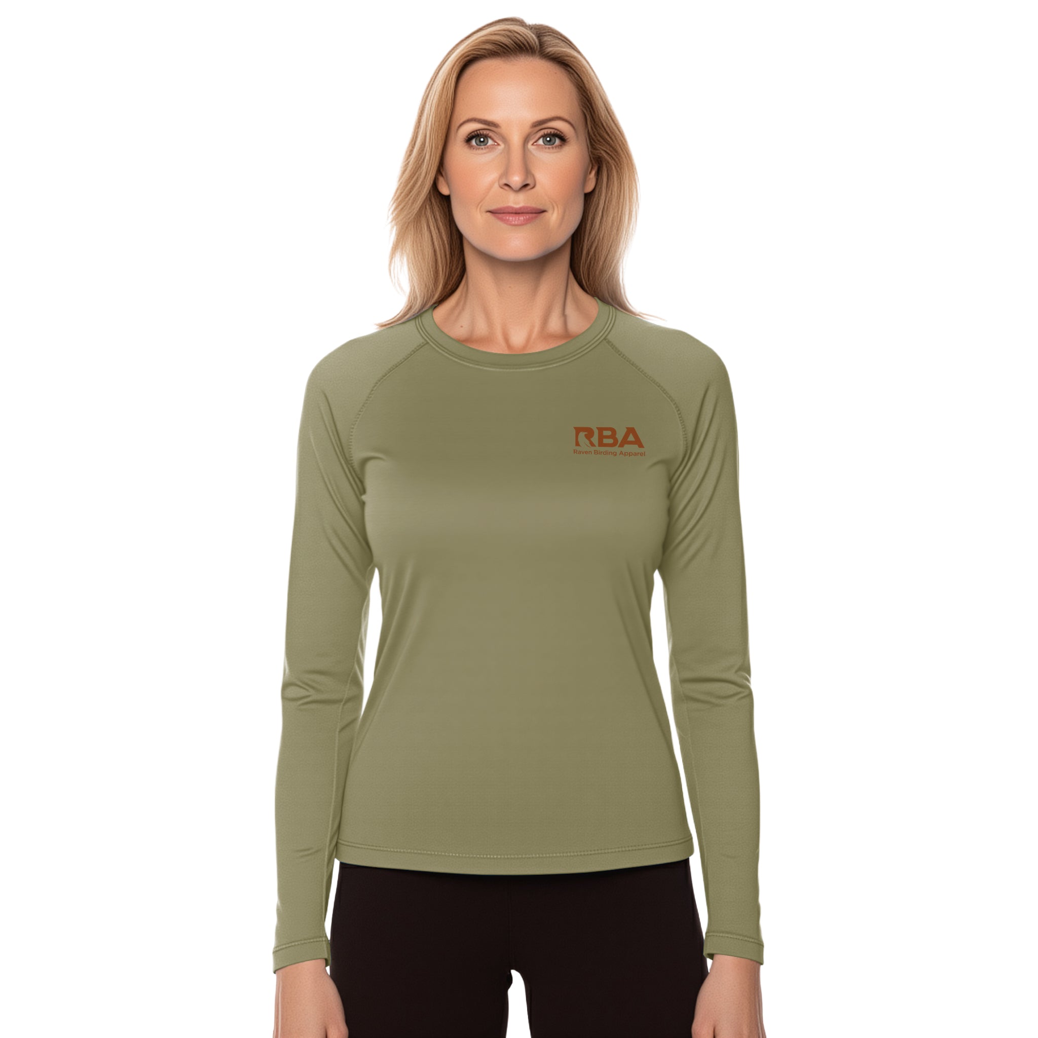 Woman wearing a Dusty Olive long sleeve shirt