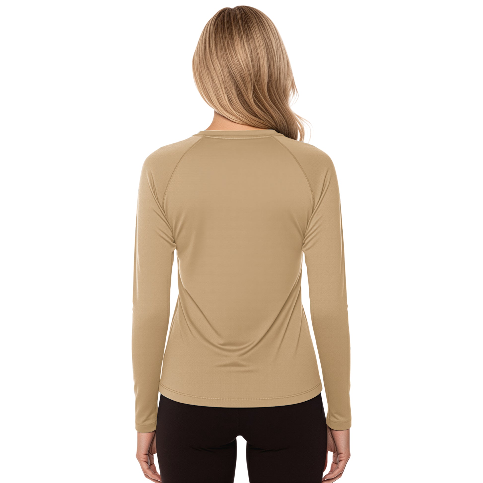 Woman wearing an Earthen Tan long sleeve shirt