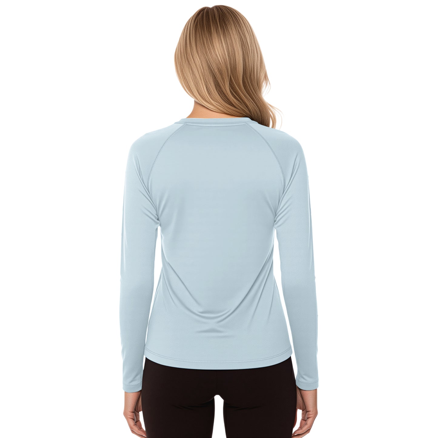 Woman wearing a Glacier Blue long sleeve shirt