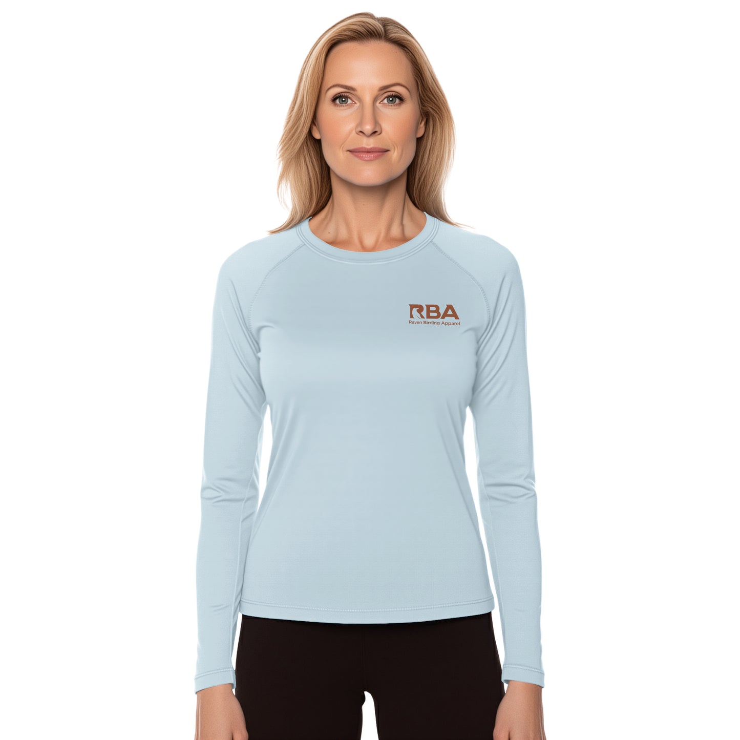 Woman wearing a Glacier Blue long sleeve shirt