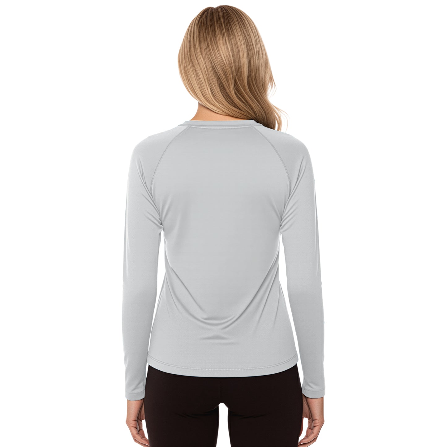 Woman wearing a Pebble Gray long sleeve shirt