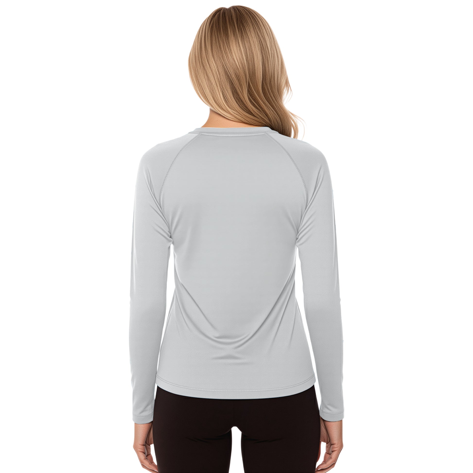 Woman wearing a Pebble Gray long sleeve shirt