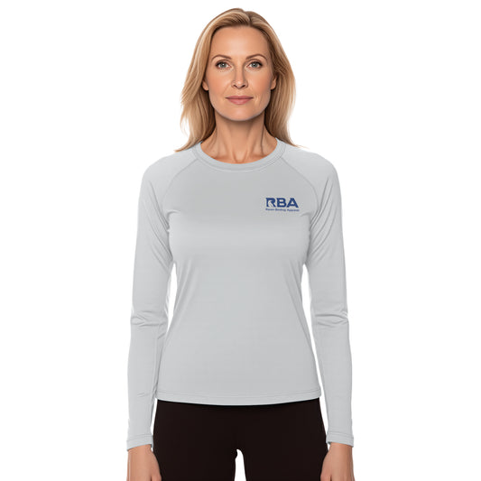 Woman wearing a Pebble Gray long sleeve shirt